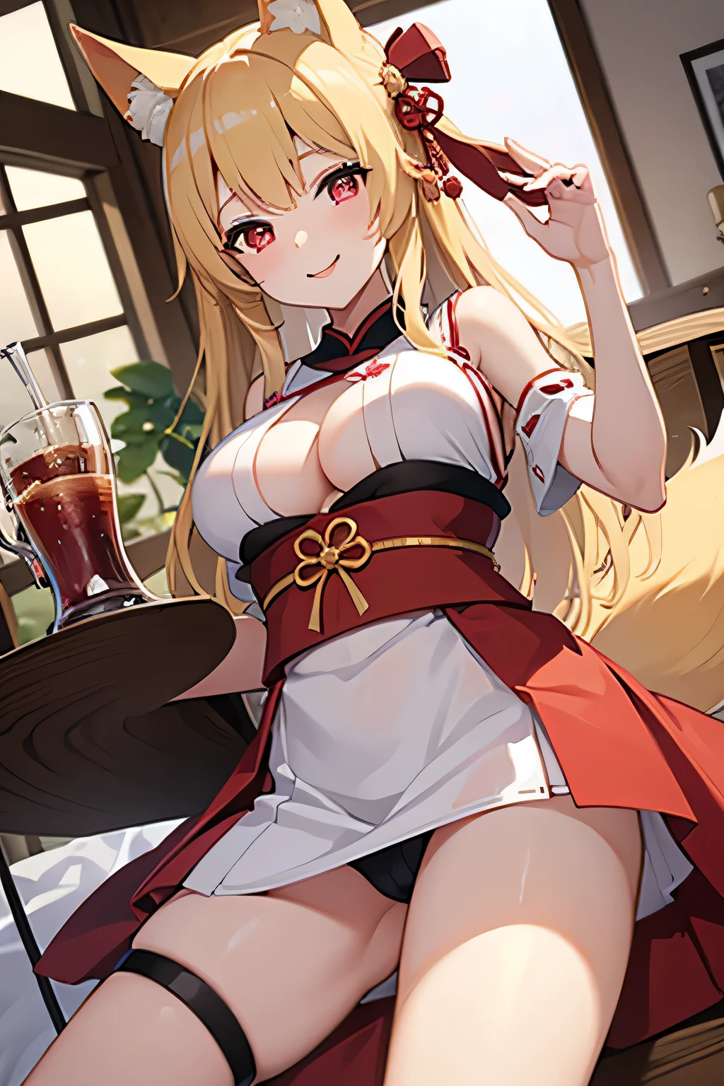 Masterpiece、Big Breasts、Underboob、Fox ears、Long blonde、Red Eye、mini skirt、Panty shot、smile、Japanese-style room、Angle from below