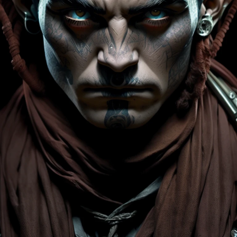 Eladrin Variant blood hunter/monk With a huge scar across the chest and a sophisticated and intimidating, and the most godly, handsome face of two different colored eyes and tattoos on Both Wrist