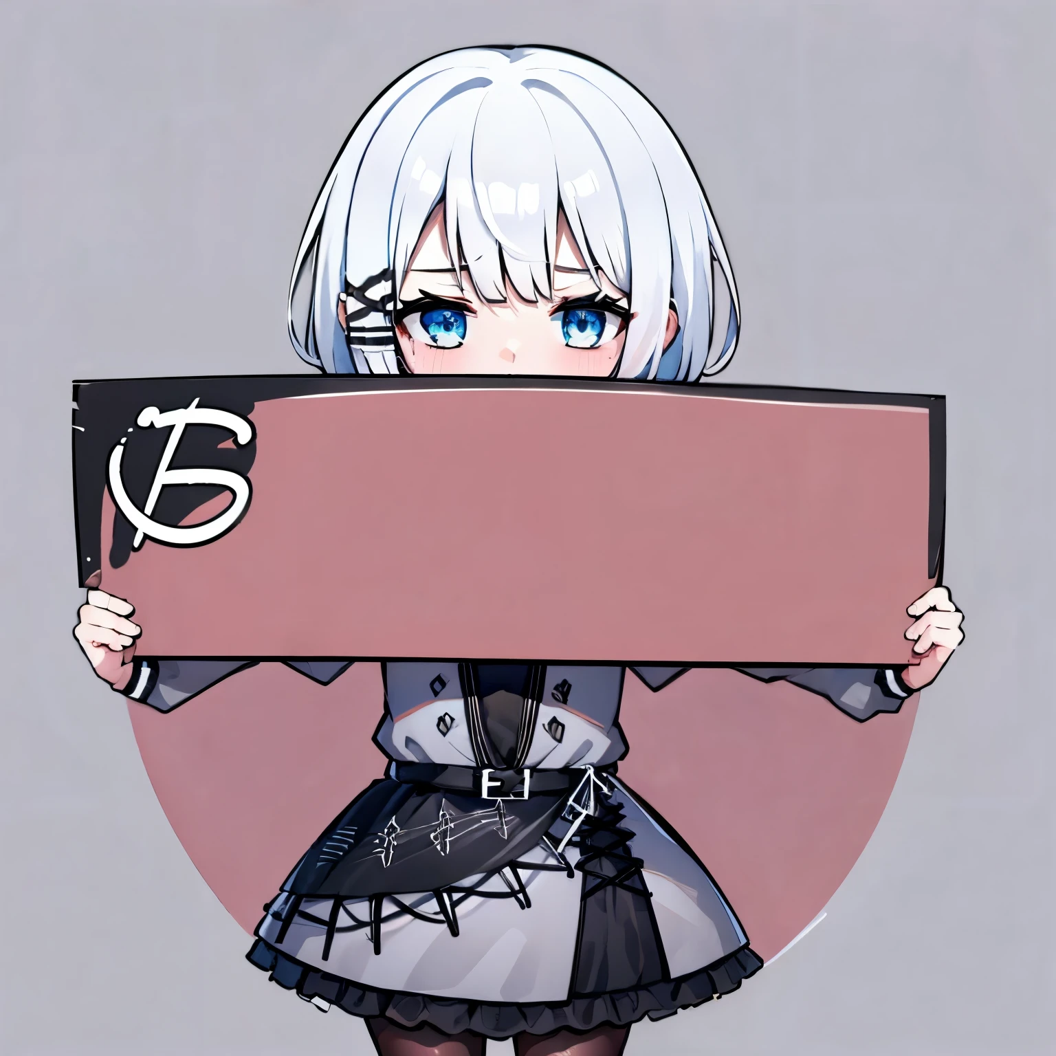 HS, masterpiece, best quality, highres, 1girl white hair blue eyes x hair ornament, red bowtie black shirt grey jacket grey dress black skirt black belt frills black pantyhose, hijab, holding blank sign, simple background, chibi,
