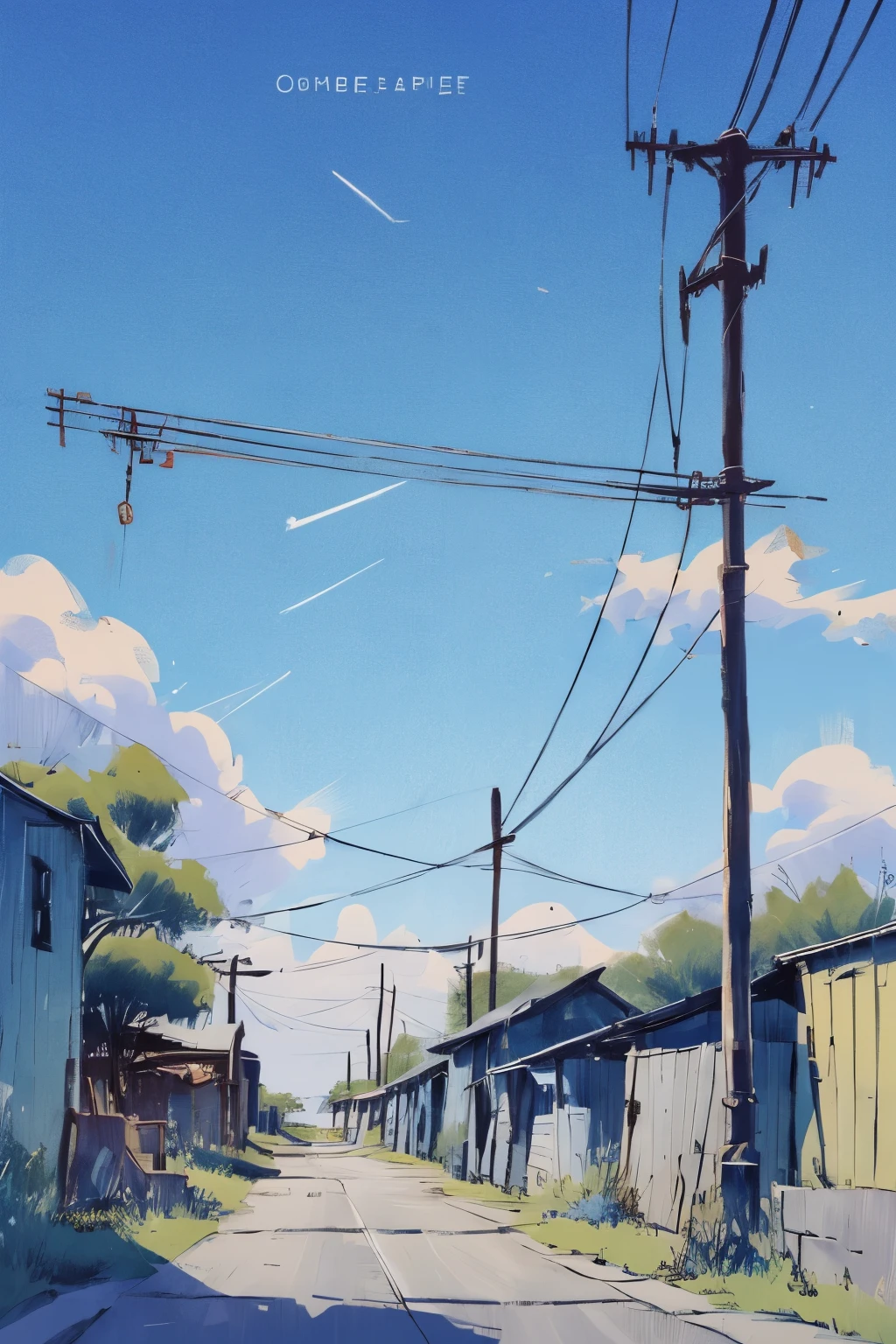 PP,outdoors,sky,clothesline,power lines,blue sky,no humans,scenery,border,laundry,day,english text,utility pole,building,white border,contrail, 