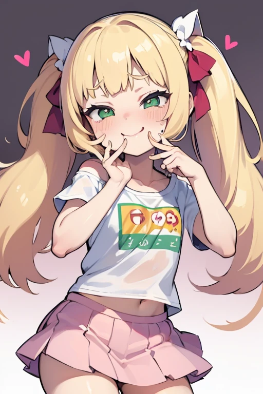 1 girl, heart-shaped pupils, put your hand on your face, (blond hair), (green eyes), (blush:1.1), Upper body, trembling, Sweat, Sweatdrop, heart, (speed line:1.1), ((Flat milk)), ((heavy breathing:1.3)), like, heart, bratty, mesugaki expresion, teasing pose, brat, lolita, Happy, smile,Yandere, long hair, (twintails), ((LOLI)), (pink bows on hair), (plain shirt, white Shirt, shoulder cutout, Short sleeve, See-through sleeves), pink Skirt, white thighs,