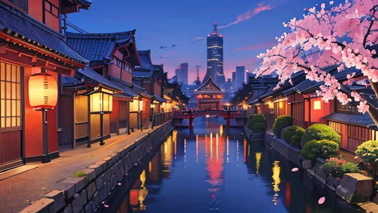 Anime images of Japan、 Tokyo cityscape、 Asakusa、 night view、 cherry blossoms、 Size is 16:9 please