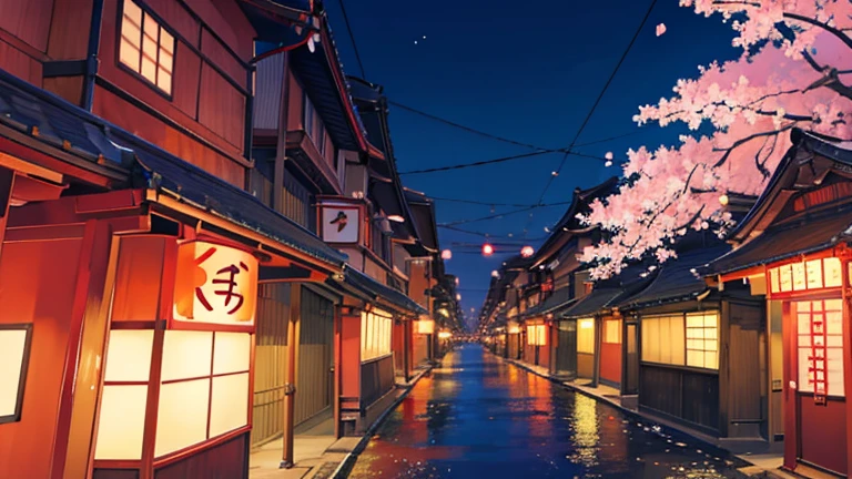 Anime images of Japan、 Tokyo cityscape、 Asakusa、 night view、 cherry blossoms、 Size is 16:9 please