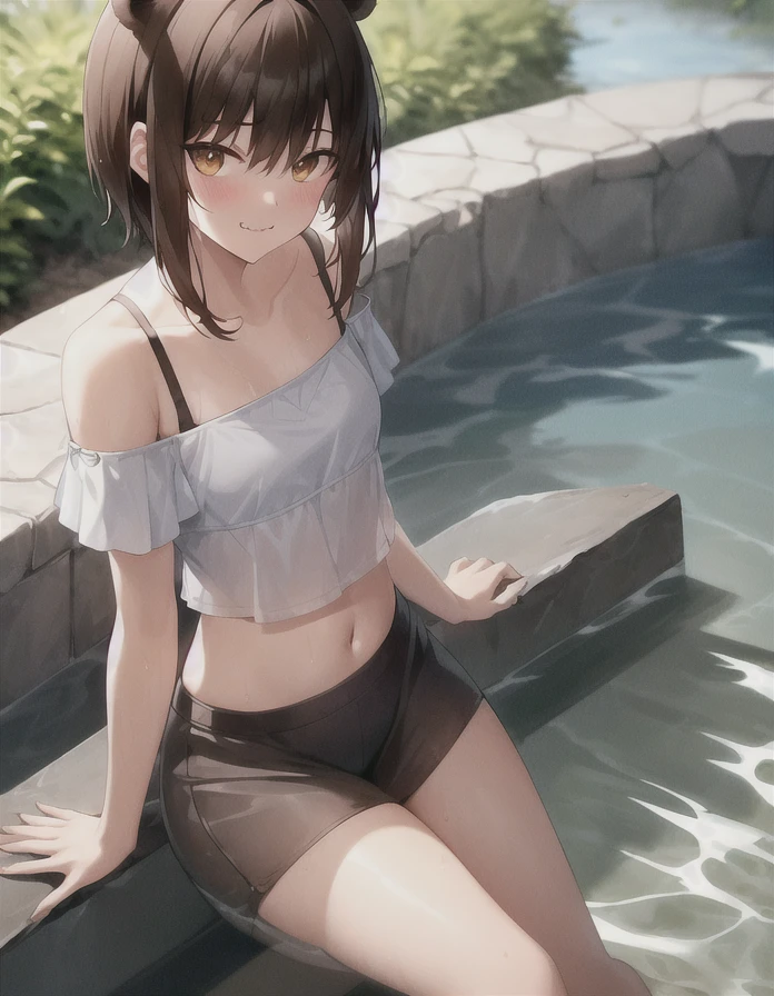 A girl with shoulder-length short hair, bangs, brown hair, bear eyes, looking at the viewer, blushing, small smile, outdoors, wet, sitting and soaking in the water, sitting, dressed, bare shoulders, collarbone, short arms, bare legs, midriff, daytime atmosphere, hair ornament, medium chest, focus, blurred background, bear ears, cute pointed fangs, fangs