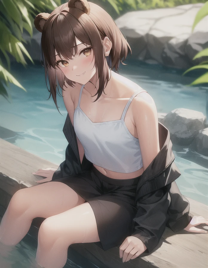 (8K、masterpiece、Highly detailed background、high resolution、Portrait)、（Beauty、20-year-old、Short Hair、Brown Hair）、（My whole body is wet、、White short sleeve shirt、Underwear visible under the shirt）、Poolside、smile