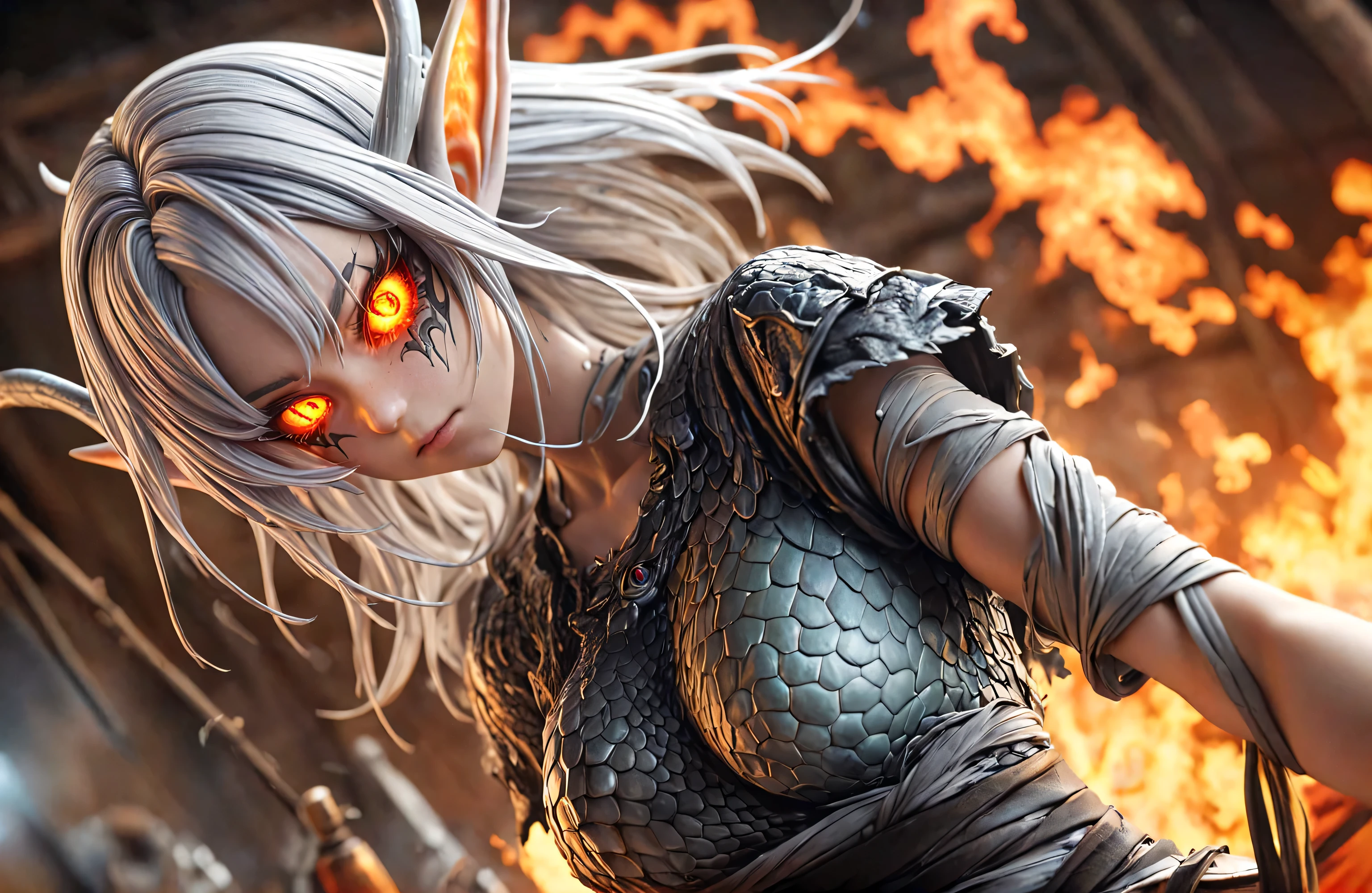 (Super detailed)highest quality(beautiful:1.1),(High resolution:1.2),Incredibly detailed illustrations, 1gir ((Silver Hair,Burning Eyes,Elf Ears,Wrapping angle,Dragon's Wing))(Full Body))(a lot of explosions)The Demon King Walking Towards the Enemy Camp