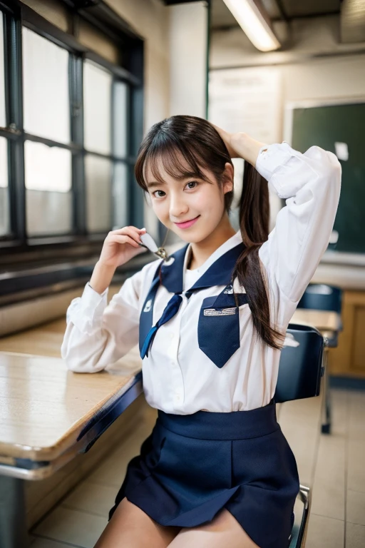 rialistic photo、A girl wearing a navy sailor uniform and a navy miniskirt is sitting on a chair.