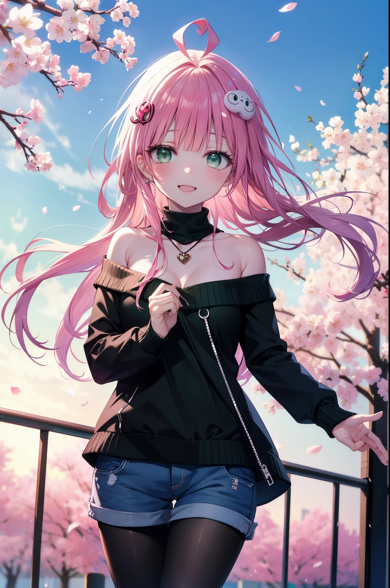 Lara Deviluke, Lara Deviluke, Long Hair, Pink Hair, tail, Ahoge, bangs, hair ornaments, (Green Eyes:1.5), happy smile, smile, Open your mouth,demon tail,Off-the-shoulder sweater,Exposing shoulders,bare clavicle,Bare neck,Heart Pendant,Shorts,Black Pantyhose,short boots,Cherry blossoms are blooming,Cherry blossoms are scattered,Cherry blossom tree-lined path,Daytime,Clear skies,
break outdoors, city,ビル街
break looking at viewer, (Cowboy Shot:1. 5)
break (masterpiece:1.2), highest quality, High resolution, unity 8k w全てpaper, (shape:0.8), (beautiful detailed eyes:1.6), extremely detailed face, Perfect lighting, extremely detailed CG, (Perfect hands, Perfect Anatomy),
