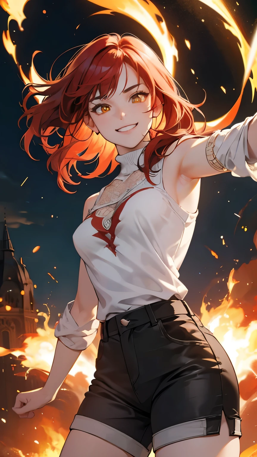 (perfect anatomy:1.2)(absurdres, highres, ultra detailed),Masterpiece,intricate details,Best quality,8k,Realistic face,anime girl,Realistic skin texture,magnified textures, stunning clarity, ultra detailed eyes and faces,glowing red hair, long hair, glowing yellow eyes,(smugness:1.5),oversized sweater,(Shoulder Bare),(Chest exposed), short pants,spelling magic,fighting pose,light particles,a lot of explosions,sparkling lights,blazing inferno,magic circle,18th century,london,from front, look at viewer