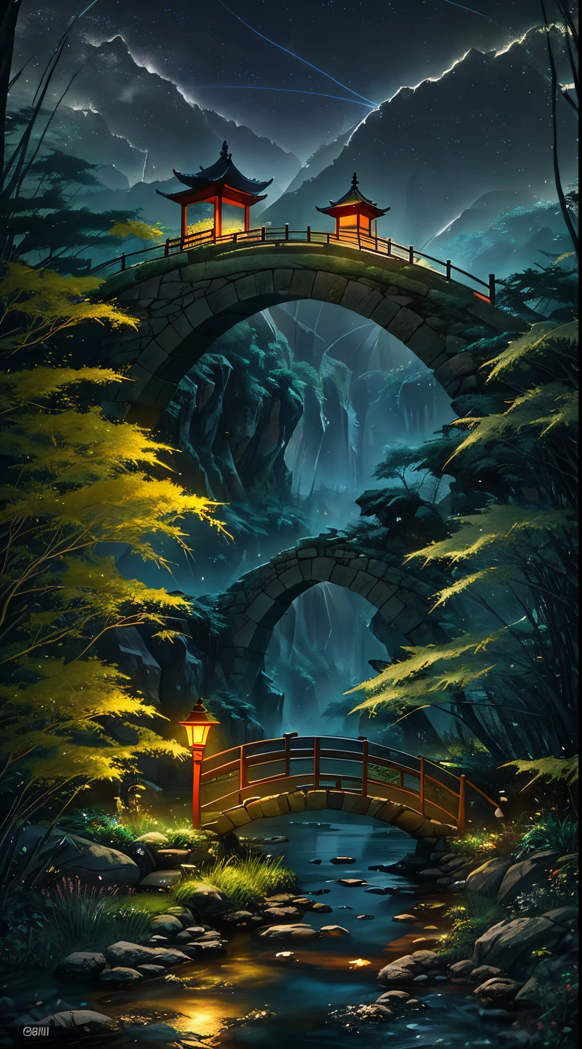 ((Diffuse Color)) Ancient Chinese architecture, Cool colors, Dark Night, moon, garden, bamboo, lake, stone bridge, rockery, arch, corner, wood, water flowing, landscape, Outdoor, waterfall, Grass, rock, Heavy Rain, thunderstorm, 周囲にはブドウのwoodが生い茂っている, giant and wet woods, with glowing leaves in the woods, Glowing fireflies and glowing particle effect, masterpiece, 最high quality, high quality, Very detailed CG unity 8k wallpaper, oil, Award-winning photography, Bokeh, Depth of written boundary, High resolution, bloom, ,Realistic,Very detailed, Trending on Artstation, Trending on CGSociety, Complex, Attention to detail, dramatic, art:Mid Journey, Volumetric lighting