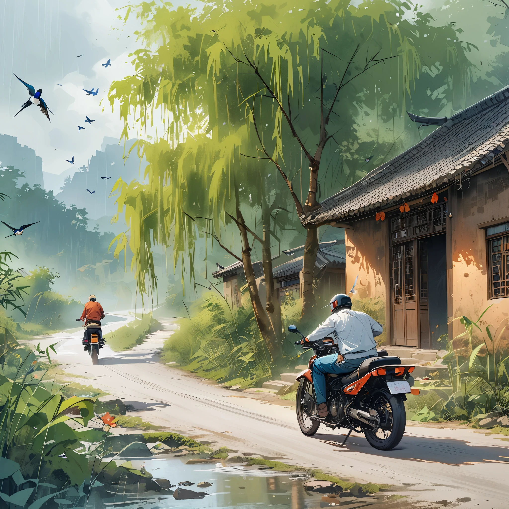 A man is driving a motorcycle with a woman on a country road. The woman is carrying a pair of baskets.,There are willow trees beside the road,bamboo,swallow,Gangnam atmosphere octane render, high detail,