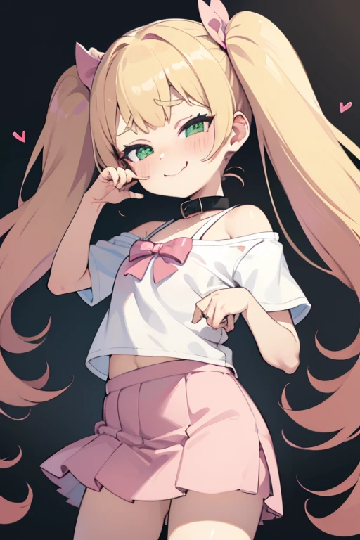 1 girl, heart-shaped pupils, put your hand on your face, (blond hair), (green eyes), (blush:1.1), Upper body, trembling, Sweat, Sweatdrop, heart, (speed line:1.1), ((Flat milk)), ((heavy breathing:1.3)), like, heart, bratty, mesugaki expresion, teasing pose, brat, lolita, Happy, smile,Yandere, long hair, (twintails), ((LOLI)), (pink bows on hair), (plain shirt, white Shirt, shoulder cutout, Short sleeve), pink Skirt, white thighs,