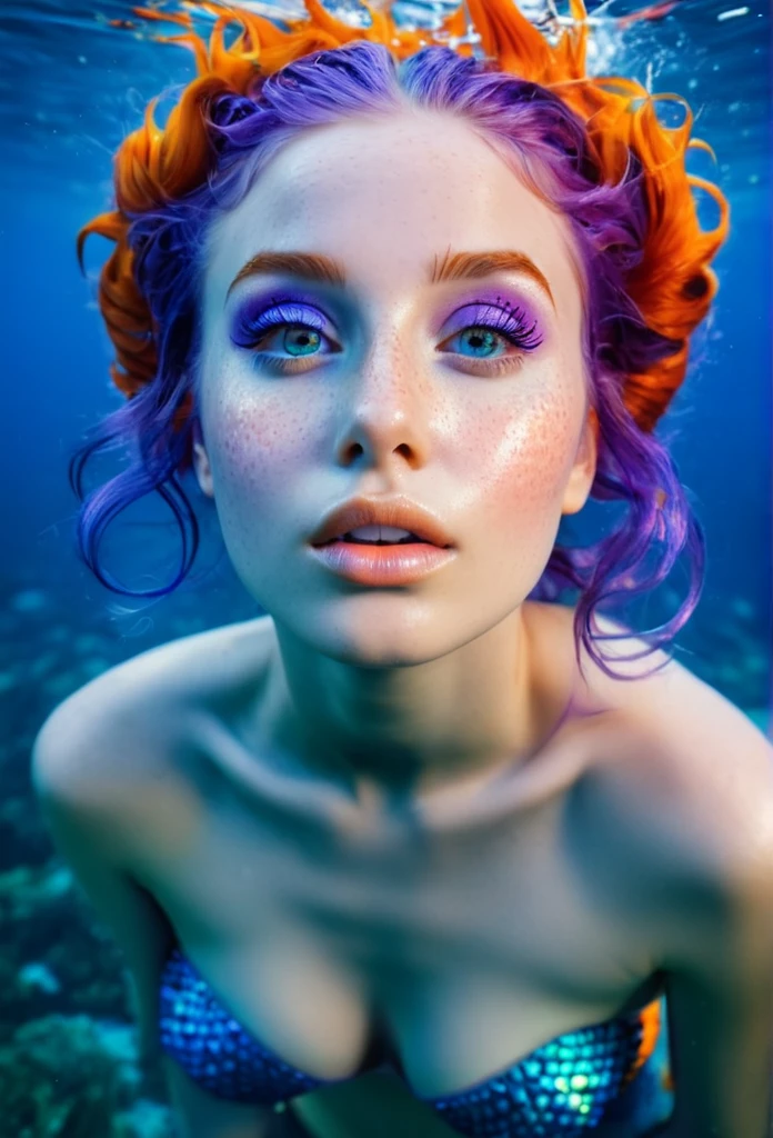 Frontal portrait of an extravagant and colorful woman who resembles a mermaid. Perfect body, natural breasts, clear skin, young features, wide open eyes and delicate freckles on the nose and cheeks. Front view, Vibrant, gravity-defying hair in shades of purple, blue and orange. Her hair transforms into tendrils or aquatic flora, creating an underwater illusion. Small bubbles floating around the head add to the underwater theme. General Effect: Serene otherworldly underwater creature in silent contemplation.
