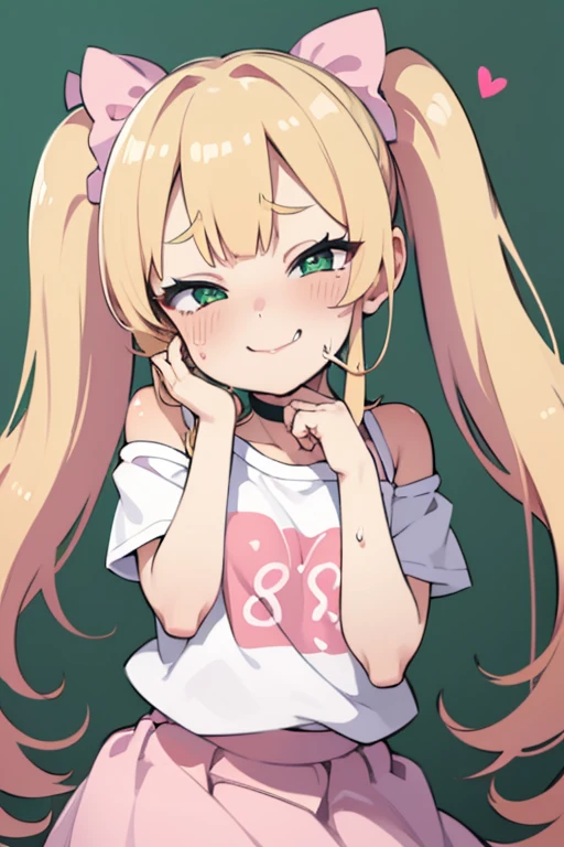 1 girl, heart-shaped pupils, put your hand on your face, (blond hair), (green eyes), (blush:1.1), Upper body, trembling, Sweat, Sweatdrop, heart, (speed line:1.1), ((Flat milk)), ((heavy breathing:1.3)), like, heart, bratty, mesugaki expresion, teasing pose, brat, lolita, Happy, smile,Yandere, long hair, (twintails), ((LOLI)), (pink bows on hair), (plain shirt, white Shirt, shoulder cutout, Short sleeve), pink Skirt, white thighs,