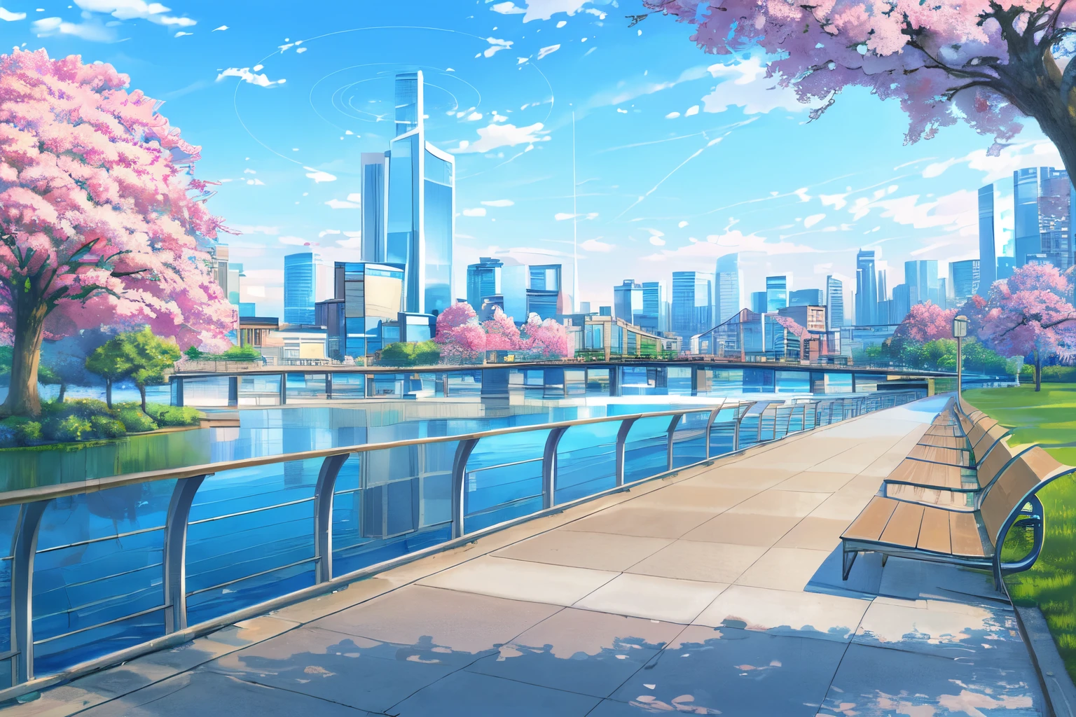 (masterpiece:1.2),best quality,Blue file background,
Campus scene，landscape, No humans, morning, Sky, Cityscape, reflection, City, architecture, Cherry tree，Skyscraper, outdoor, morningSky, City lights, Skyline, water,  Sky,  bench, reflective water, bridge, railing
