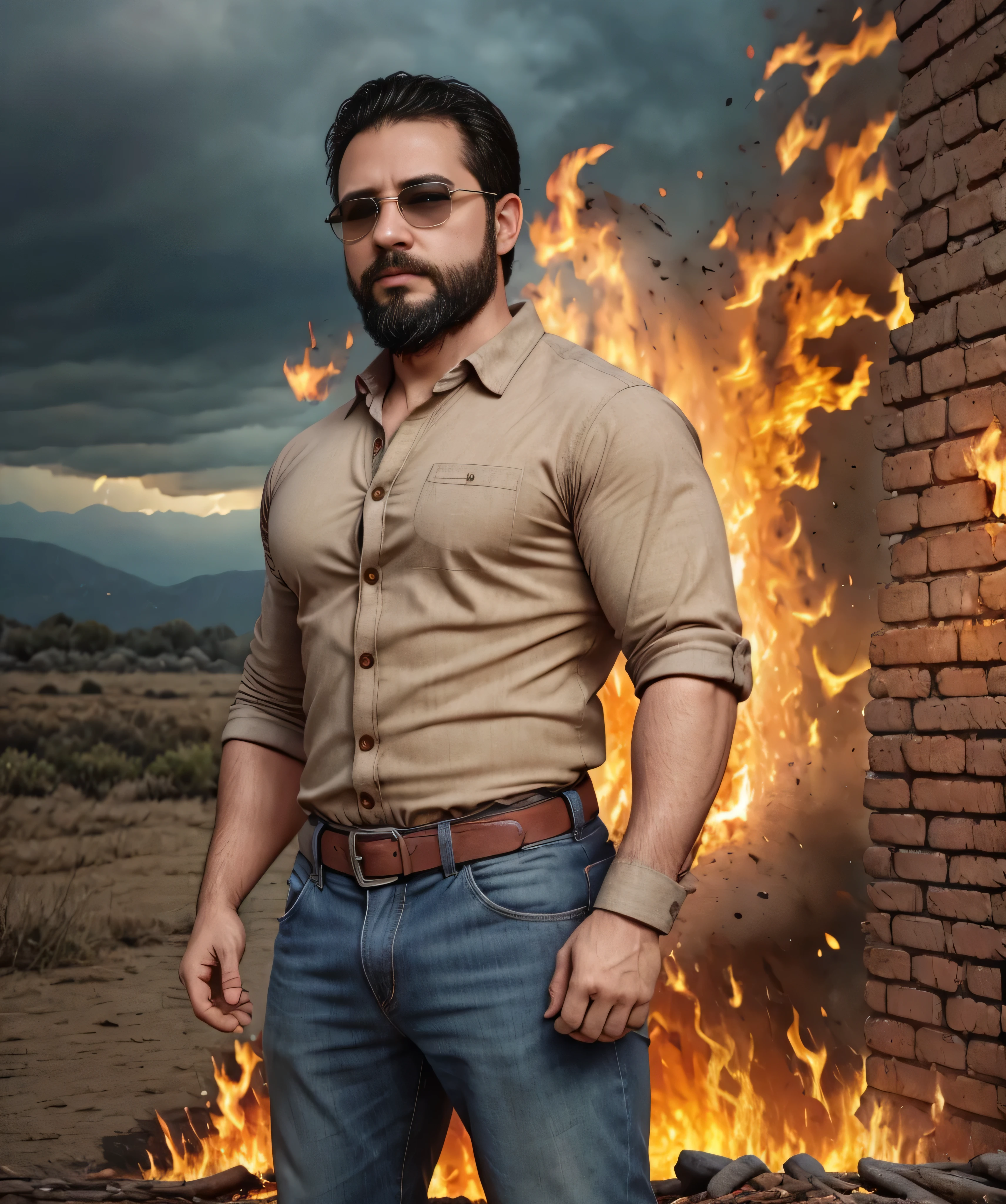 Obra maestra, desenfoque de campo, Parte superior del cuerpo, Hands in pants pockets , 38 year old chubby man with beard and square sunglasses... Man wearing a brick shirt in an action movie with a fire storm in the background.