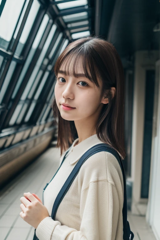 (8K、Raw photography、top-quality、masterpiece:1.2)、21-years old、japanes、1 girl in、Casual Fashion、A detailed face、A detailed eye、Detailed mouth、nogizaka、Standing in front of the sign、Carrying a backpack