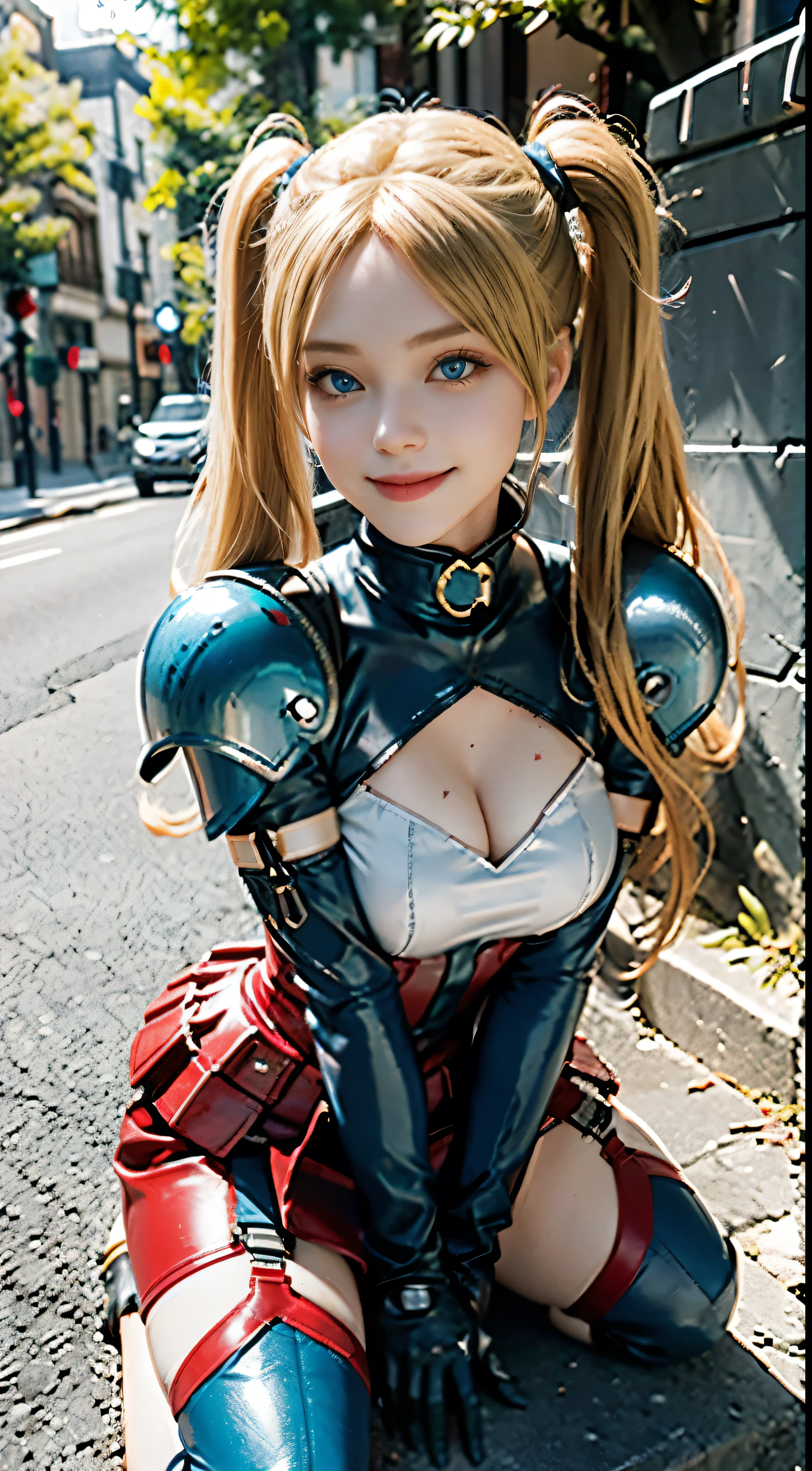 Lydia, 1 girl, solo, (medium bust), blonde hair, twintails, blue eyes, best quality, super detailed, real photo, cosplayer, portrait photo, outdoors, smile, soldier, helmet, collar, armor, elbow gloves, red gloves, pelvic curtain, red shoes,