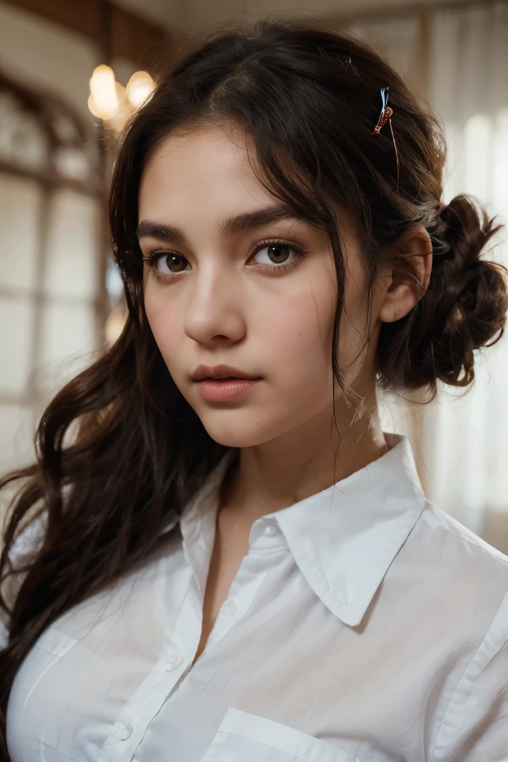 Brown black hair, black eyes, White skin, Oval face, Atmospheric facial features, High, Confident and powerful, Firm and plump, High school girls, Uniforms, curls, Hair Bun, Use a hairpin, Red rose, Blue Butterfly, White Rabbit, Card, Official quality, mystery, Light and Shadow, Correct proportions, aesthetics, atmosphere,