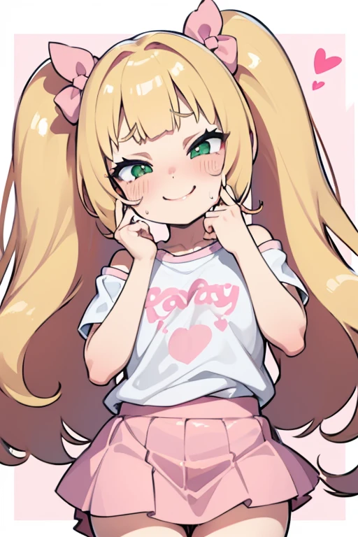 1 girl, heart-shaped pupils, put your hand on your face, (blond hair), (green eyes), (blush:1.1), Upper body, trembling, Sweat, Sweatdrop, heart, (speed line:1.1), ((Flat milk)), ((heavy breathing:1.3)), like, heart, bratty, mesugaki expresion, teasing pose, brat, lolita, Happy, smile,Yandere, long hair, (twintails), ((LOLI)), (pink bows on hair), (plain shirt, white Shirt, shoulder cutout, Short sleeve), pink Skirt, white thighs, simple pink background