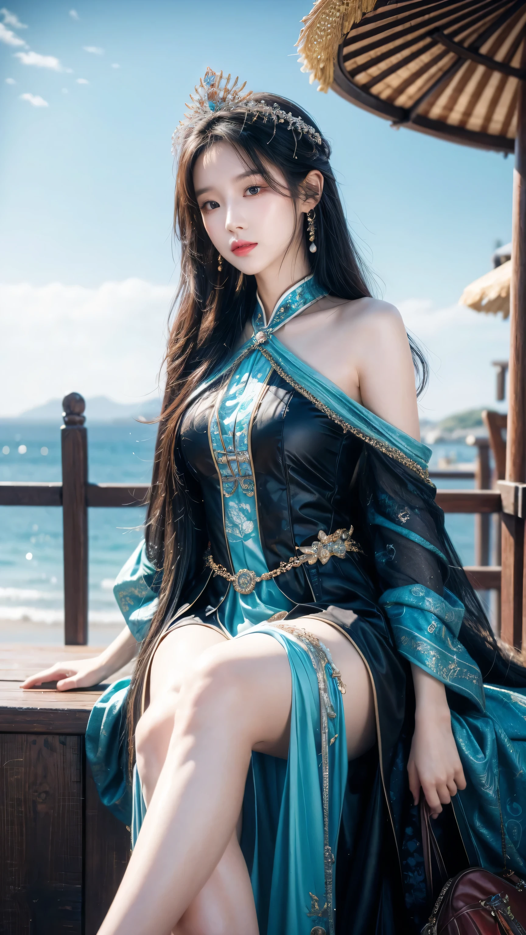 A woman sitting on the beach，Holding a clock in hand, Queen of the Sea Mu Yanling, Beautiful digital art work, 4K Fine Digital Art, beautiful fantasy queen, 8k high quality detailed art, Fantasy Beauty, author：Yang Jie, Beautiful and gorgeous digital art, guweiz, Artwork in the style of Guweiz, Beautiful fantasy art, Chinese Fantasy