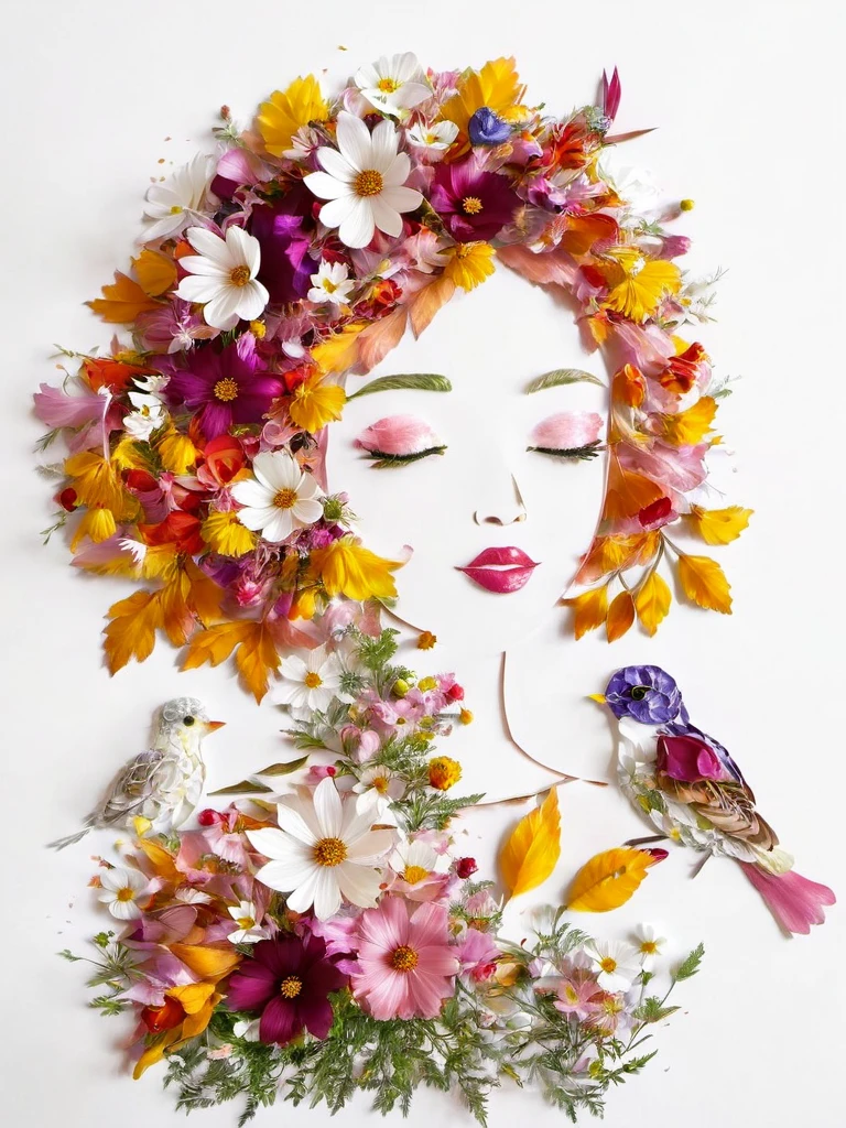 Autumn Leaves Crafts, Girl made of flowers and birds, Cosmos、birdie、 Portrait, White background、