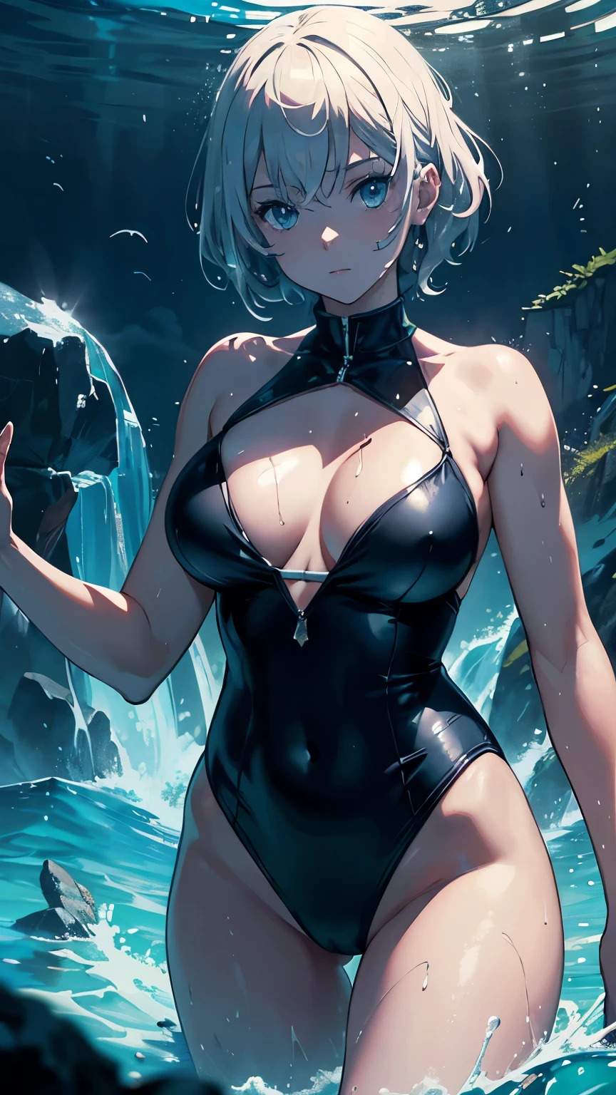Alois Carigiet, Etienne Delessert, Surreal, mysterious, strange, fantastical, fantasy, Sci-fi, Japanese anime, playing in the water between light and darkness, beautiful girl in a school swimsuit, perfect voluminous body, reflection, transmission, refraction, beach, detailed masterpiece Hyper realistic sharp focus cinematic lighting wet