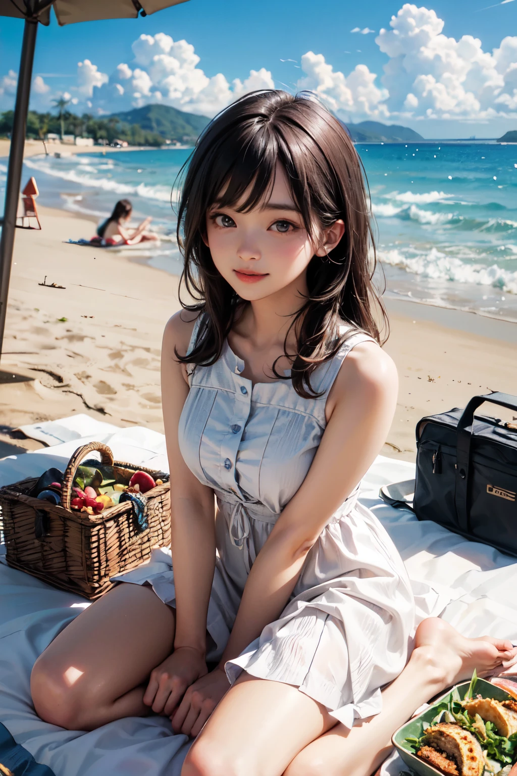 very cute and beautiful girl,white sun dress with detailed frills,(highly detailed beautiful face),
(smile:1.2),happy,black hair,sitting on picnic sheet,beach,picnic basket,sandwiches,(from above),
(best quality,masterpiece:1.0),absurdres,highres,ultra-detailed,extremely detailed,32k,8k resolution,
intricate details,cinematic scene,detailed background,solo,dynamic angle,
natural lighting,hair fluttering in the wind,beautiful detailed sky,