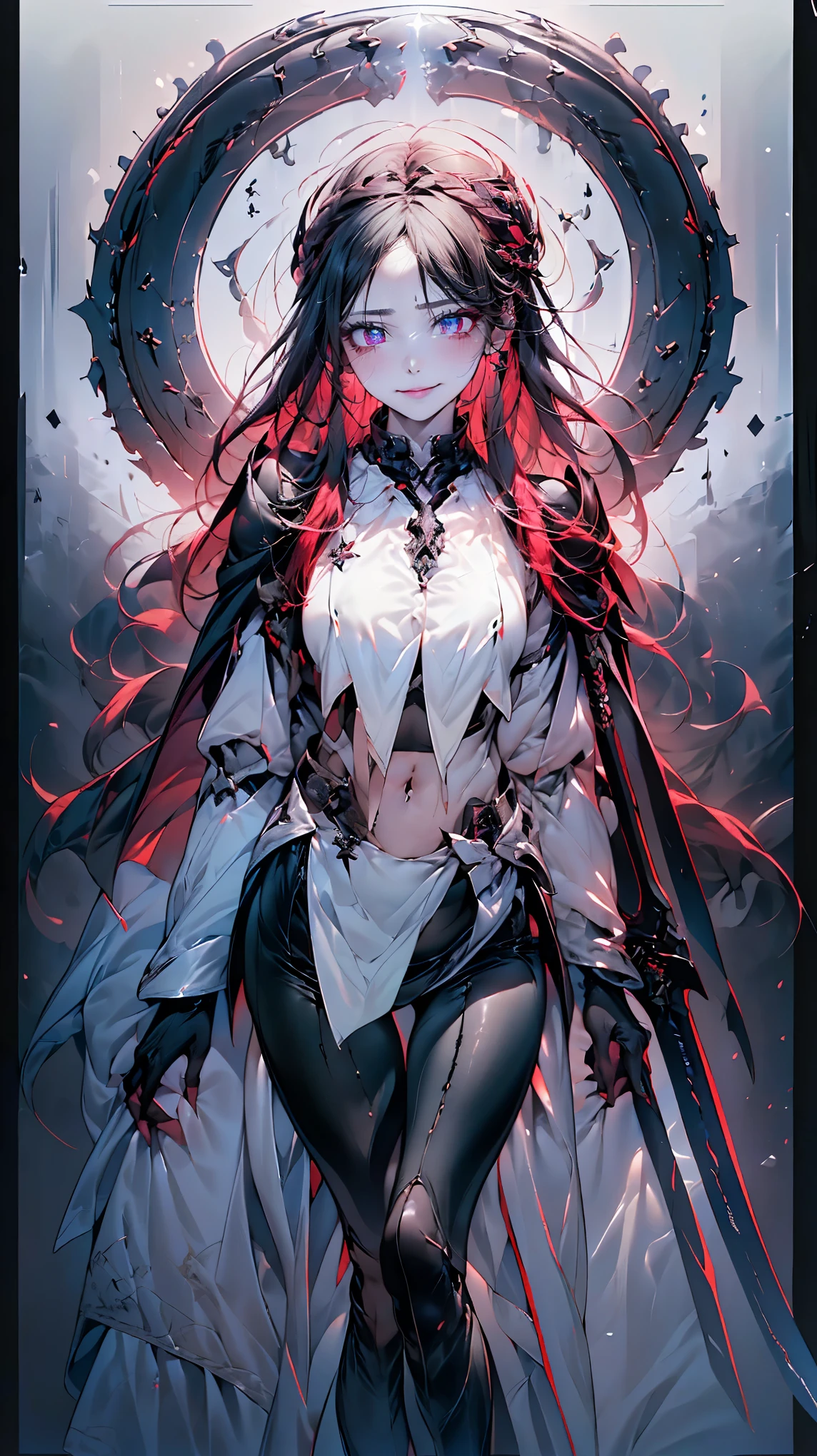 (masterpiece:1.2, highest quality), (Realistic, photoRealistic:1.4), Beautiful illustrations, (Natural Side Lighting, Cinema Lighting), Looking at the audience, Upper Body, (Front view), (1girl:1.8), Perfect Face, Symmetrical cute face, Shiny skin, , Long eyelashes, (Large Breasts), (Wide Hips:1.5),Beautiful Hair, Beautiful Face, Fine and beautiful eyes, Beautiful body, Beautiful breasts, Beautiful thighs, Beautiful legs, Beautiful fingers,(Beautiful views),(Cute Smile:1.2, Upper Eye),(Reaper robe:1.5), (white cropped style), (black and white border tights:1.5), (plump thighs), (zettairyouiki), (mini skirt), red eye shadow, eyeliner, (scythe: 1.2),