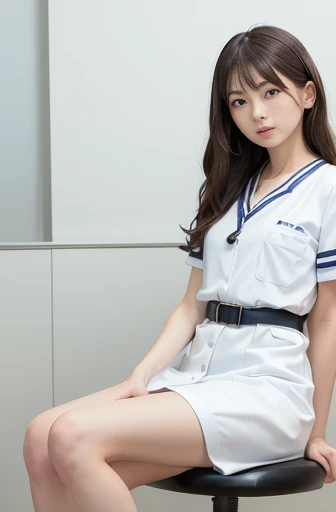 best quality, detailed, beautiful, insanely detailed, absurdres,perfect anatomy,
Japanese woman,black hair,27 years old,
(slender),
(small breasts best quality),
NSFW,(pubic hair:1.5),(open_pussy:1.0)thinking, serious expression, sitting, (legs spread:1.2), (scratching head:1.2), facing right, curly hair, (knee length white nurse uniform:1.3), in the office, with a chair, full body shot, from front