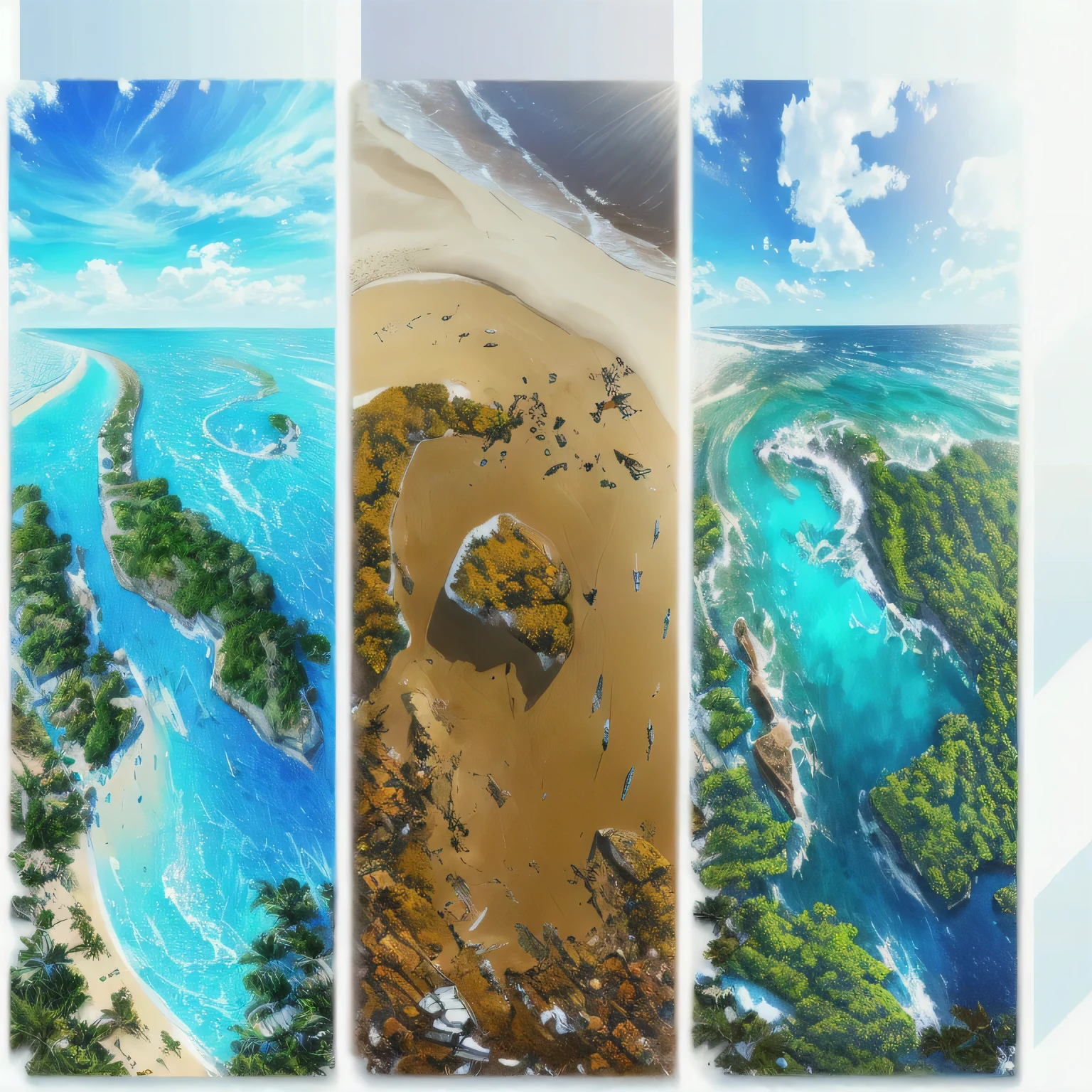 Three different beach photos，Lots of water and sky on the beach, Landscape Art Detail, Landscape Artwork, very Detailed background, Island Background, Amazing wallpapers, background technologywork, Beautiful background, environmental concept art, Concept art is very detailed, High quality desktop wallpaper, Steam Workshop Map, background technology, Environmental key art, Detailed background, Amazing background, High quality wallpapers