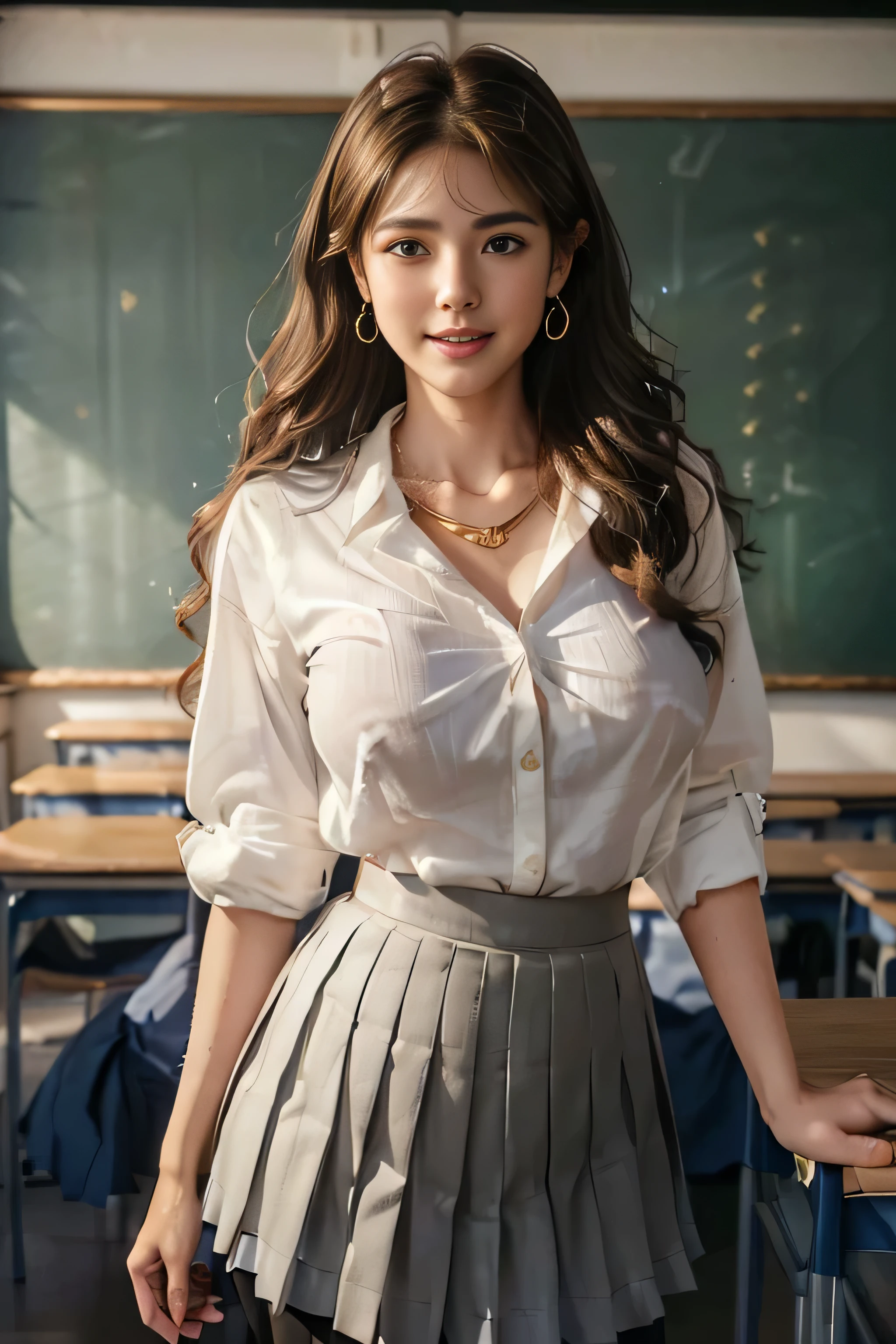 ((Beautiful girl:1.3)) ((School uniform:1.4)) ((Panty shot:1.3)) ((high school)),((Dark Blue Skirt:1.3)) ((In the classroom:1.3)) ((thin_fabric:1.4)) ((Random sexy poses:1.3)) ((Sweaty:1.5))((Blushing:1.4)) ((Big Breasts:1.4)) ((close:1.2)) highest quality,masterpiece,Ultra-high resolution,(Realistic:1.4),RAW Photos,(Real skin texture:1.3),(Film Grain:1.3),Panorama,Portraits,Very wide shot,Tight waist,Cowboy Shot,(In the Dark, Deep Shadow, Modest, Cold Light,) night,(()),Tears flow,,Dust,Tyndall effect,(Performance),One girl,Beautiful and detailed eyes and face,White Jabot,Brown eyes,((Brown Hair:1.2)) ((whole body:1.3)) ((smile:1.3))((Loosely inward wavy hair:1.2)),((Gold Necklace＿Large earrings:1.2)),((Extra long brown hair:1.2))((Pleated skirt in off-white:1.3)),((wearing a classy (white) Button shirt:1.2),