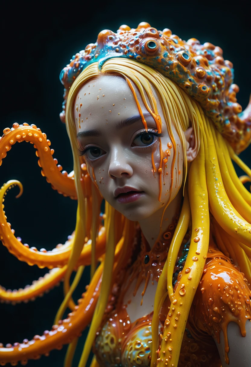 8K, ARTISTIC photogrAphy, best quAlity, mAsterpiece: 1.2), A (potrAit:1.2) witch BLOOD Toon Doll Cthulhu QUEEN, ORANGE many octopus style tentacles, full body RAW candid cinema, yellow hair, 16mm, color graded portra 400 film, remarkable color, ultra realistic, sad admosphere, dark lighting, oppressive atmosphere, depressive colors, kodak portra 400, photograph,r, Natural Light, Pinhead lighgts, blur reflection, Brush Strokes, Smooth, abstract, Splatter, Oil On Canvas, rainbow colors, fractal isometrics details bioluminescens : a stunning realistic photograph of wet bone structure, 3d render, octane render, intricately detailed, titanium decorative headdress, cinematic, trending on artstation | Isometric | Centered