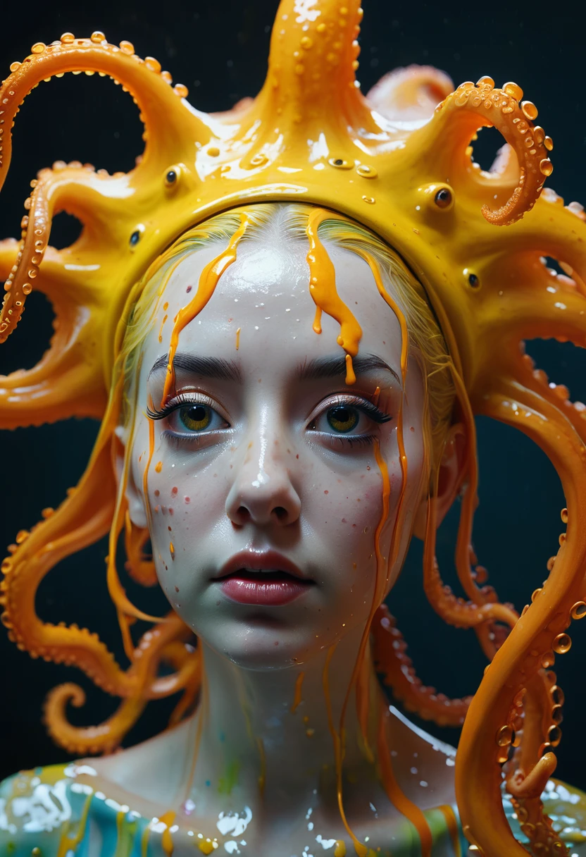8K, ARTISTIC photogrAphy, best quAlity, mAsterpiece: 1.2), A (potrAit:1.2) witch BLOOD Toon Doll Cthulhu QUEEN, ORANGE many octopus style tentacles, full body RAW candid cinema, yellow hair, 16mm, color graded portra 400 film, remarkable color, ultra realistic, sad admosphere, dark lighting, oppressive atmosphere, depressive colors, kodak portra 400, photograph,r, Natural Light, Pinhead lighgts, blur reflection, Brush Strokes, Smooth, abstract, Splatter, Oil On Canvas, rainbow colors, fractal isometrics details bioluminescens : a stunning realistic photograph of wet bone structure, 3d render, octane render, intricately detailed, titanium decorative headdress, cinematic, trending on artstation | Isometric | Centered