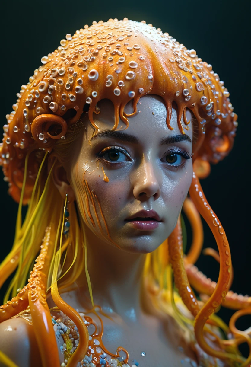 8K, ARTISTIC photogrAphy, best quAlity, mAsterpiece: 1.2), A (potrAit:1.2) witch BLOOD Toon Doll Cthulhu QUEEN, ORANGE many octopus style tentacles, full body RAW candid cinema, yellow hair, 16mm, color graded portra 400 film, remarkable color, ultra realistic, sad admosphere, dark lighting, oppressive atmosphere, depressive colors, kodak portra 400, photograph,r, Natural Light, Pinhead lighgts, blur reflection, Brush Strokes, Smooth, abstract, Splatter, Oil On Canvas, rainbow colors, fractal isometrics details bioluminescens : a stunning realistic photograph of wet bone structure, 3d render, octane render, intricately detailed, titanium decorative headdress, cinematic, trending on artstation | Isometric | Centered