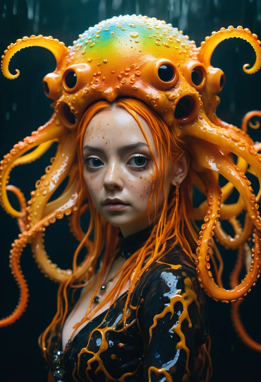8K, ARTISTIC photogrAphy, best quAlity, mAsterpiece: 1.2), A (potrAit:1.2)  witch BLOOD Toon Doll  Cthulhu   QUEEN, ORANGE many octopus style tentacles, full body RAW candid cinema, yellow hair, 16mm, color graded portra 400 film, remarkable color, ultra realistic, sad admosphere, dark lighting, oppressive atmosphere, depressive colors, kodak portra 400, photograph,r, Natural Light, Pinhead lighgts, blur reflection, Brush Strokes, Smooth, abstract, Splatter, Oil On Canvas, rainbow colors, fractal isometrics details bioluminescens : a stunning realistic photograph of wet bone structure, 3d render, octane render, intricately detailed, titanium decorative headdress, cinematic, trending on artstation | Isometric | Centered