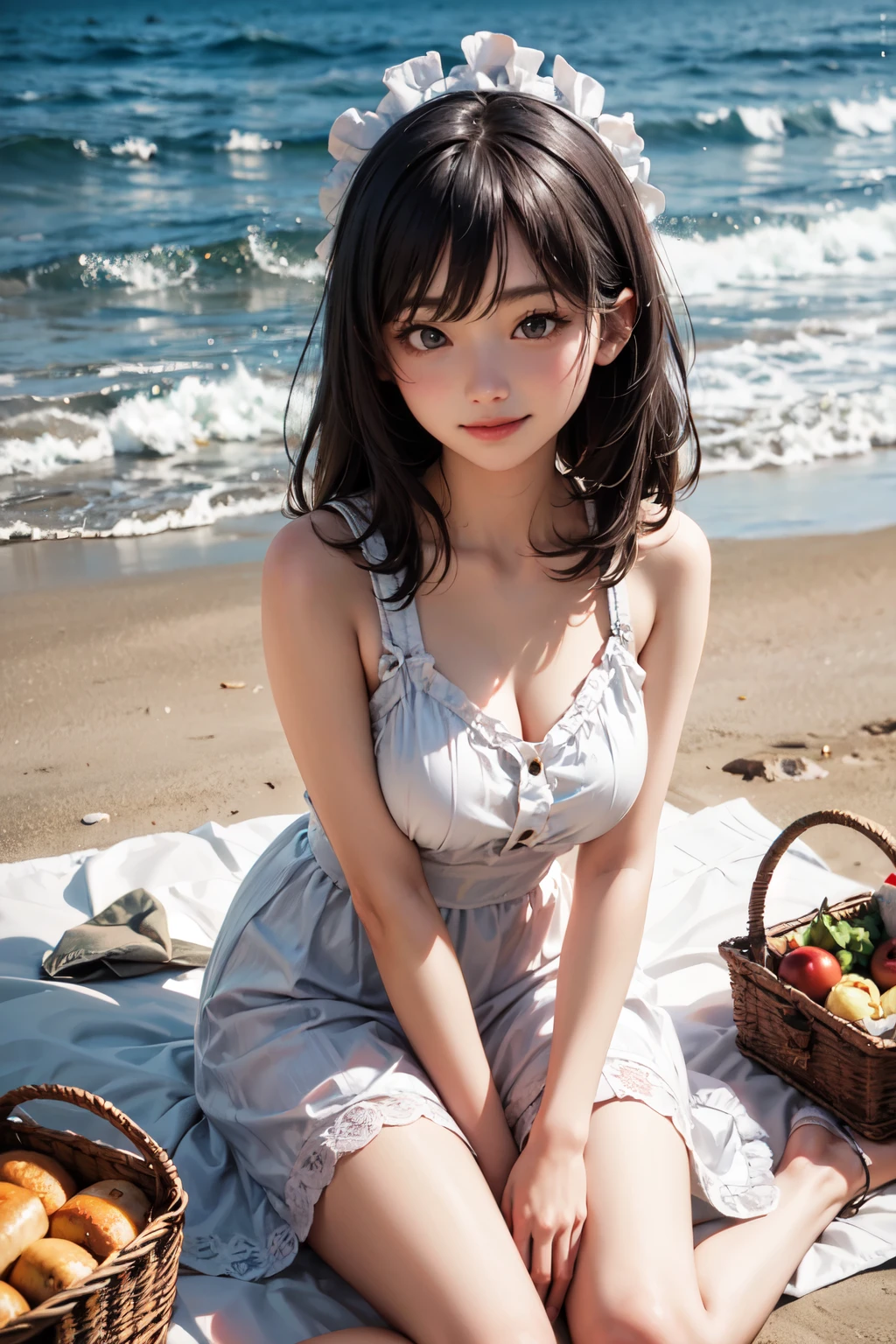 very cute and beautiful girl,white sun dress with detailed frills,(highly detailed beautiful face),
(smile:1.2),happy,black hair,sitting on picnic sheet,beach,picnic basket,sandwiches,(from above),
(best quality,masterpiece:1.0),absurdres,highres,ultra-detailed,extremely detailed,32k,8k resolution,
intricate details,cinematic scene,detailed background,solo,dynamic angle,
natural lighting,hair fluttering in the wind,beautiful detailed sky,