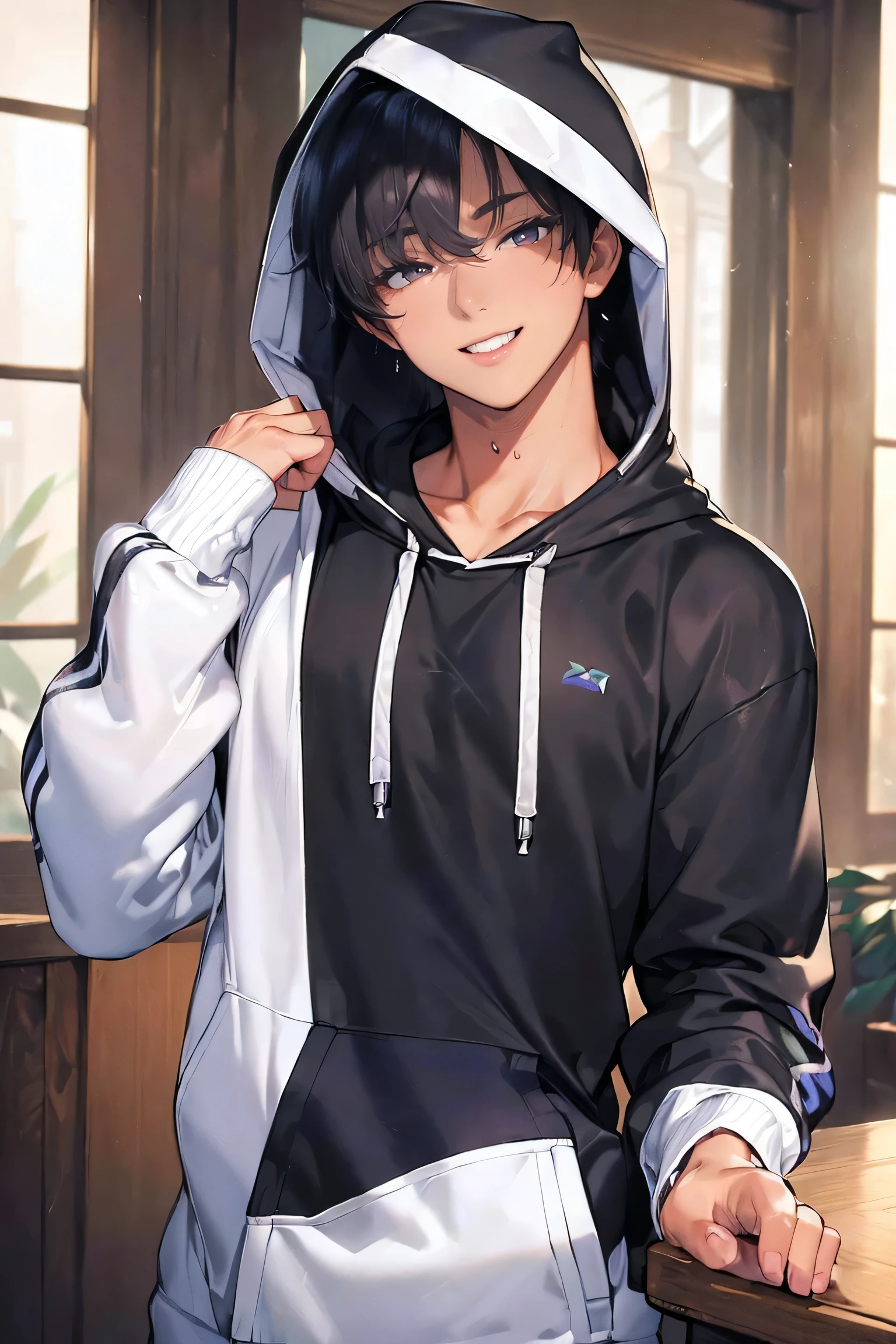 ((Masterpiece, Super Hi-Res, Highly Detailed, 8k)), ((Sexy boy: 1.5)), about 18, handsome, ((Hoodie with hood, makes viewer smile : 1.2)), twink, skinny, excited, gay erotic,. Sexy Raised, upper body, close up,