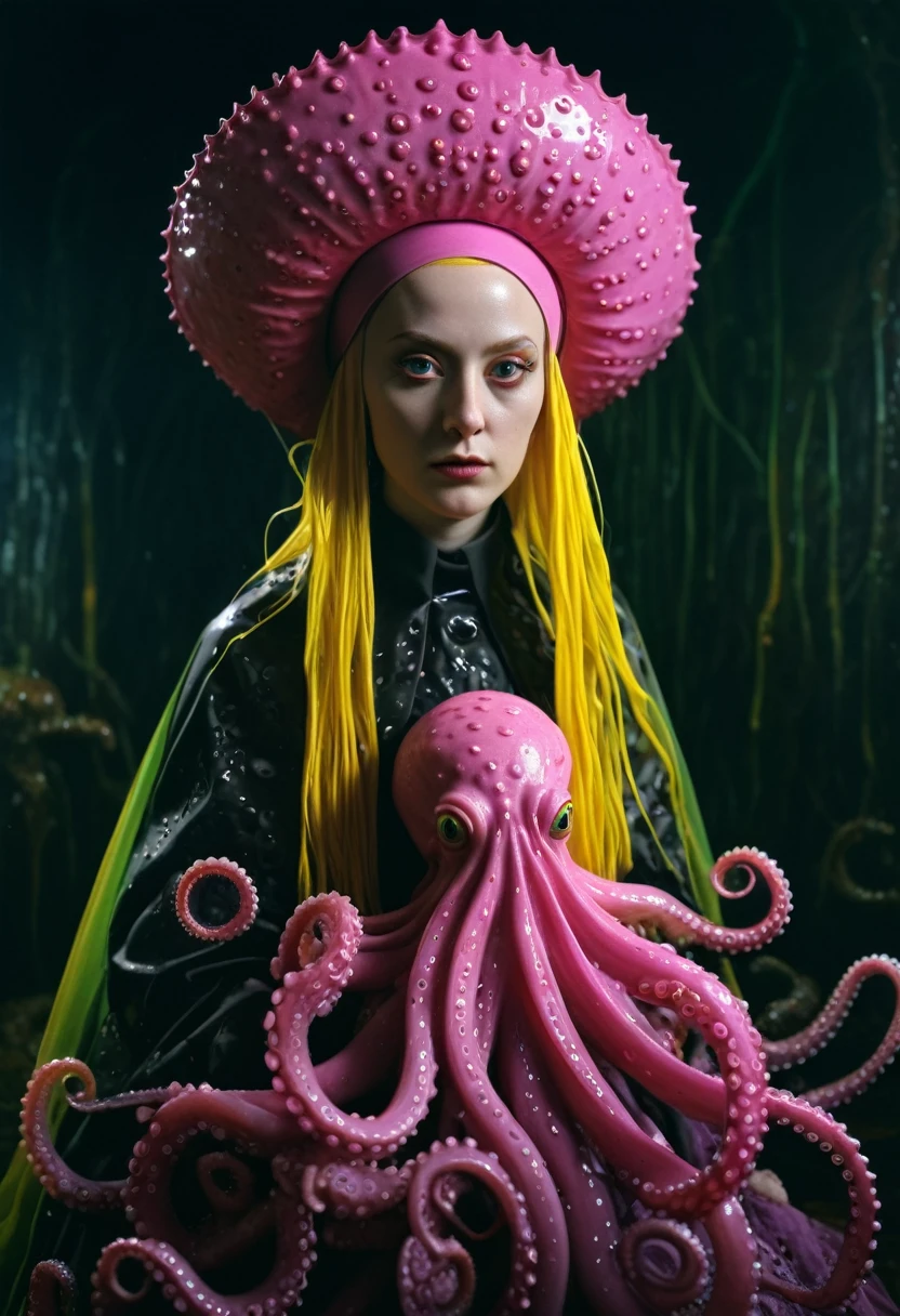 8K, ARTISTIC photogrAphy, best quAlity, mAsterpiece: 1.2), A (potrAit:1.2) witch BLOOD Toon Doll Cthulhu nun QUEEN, EYES, PINK many octopus style tentacles, full body RAW candid cinema, yellow hair, 16mm, color graded portra 400 film, remarkable color, ultra realistic, sad admosphere, dark lighting, oppressive atmosphere, depressive colors, kodak portra 400, photograph,r, Natural Light, Pinhead lighgts, blur reflection, Brush Strokes, Smooth, abstract, Splatter, Oil On Canvas, rainbow colors, fractal isometrics details bioluminescens : a stunning realistic photograph of wet bone structure, 3d render, octane render, intricately detailed, titanium decorative headdress, cinematic, trending on artstation | Isometric | Centered