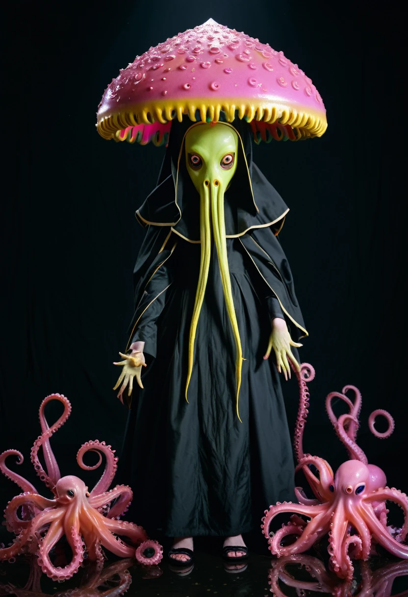 8K, ARTISTIC photogrAphy, best quAlity, mAsterpiece: 1.2), A (potrAit:1.2)  witch BLOOD Toon Doll Cthulhu nun QUEEN, EYES, PINK many octopus style tentacles, full body RAW candid cinema, yellow hair, 16mm, color graded portra 400 film, remarkable color, ultra realistic, sad admosphere, dark lighting, oppressive atmosphere, depressive colors, kodak portra 400, photograph,r, Natural Light, Pinhead lighgts, blur reflection, Brush Strokes, Smooth, abstract, Splatter, Oil On Canvas, rainbow colors, fractal isometrics details bioluminescens : a stunning realistic photograph of wet bone structure, 3d render, octane render, intricately detailed, titanium decorative headdress, cinematic, trending on artstation | Isometric | Centered