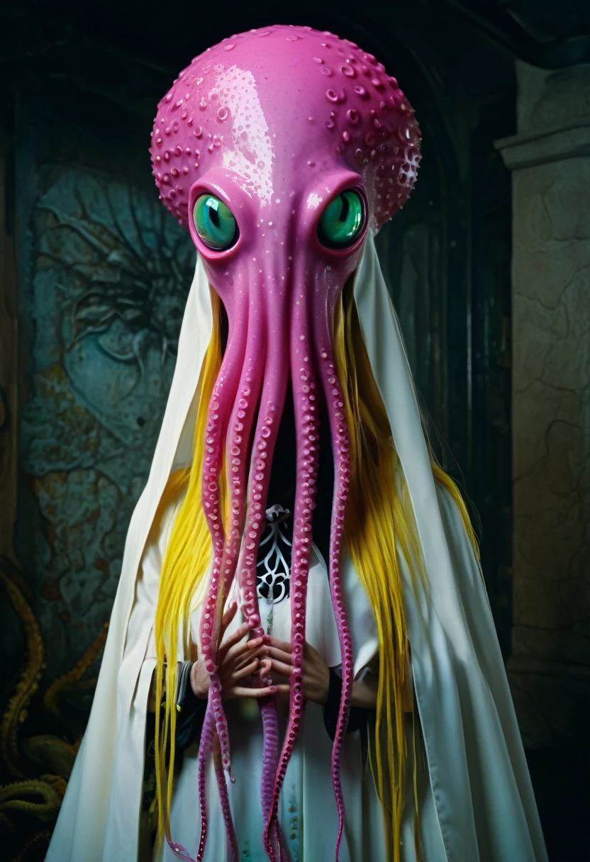 8K, ARTISTIC photogrAphy, best quAlity, mAsterpiece: 1.2), A (potrAit:1.2) witch BLOOD Toon Doll Cthulhu nun QUEEN, EYES, PINK many octopus style tentacles, full body RAW candid cinema, yellow hair, 16mm, color graded portra 400 film, remarkable color, ultra realistic, sad admosphere, dark lighting, oppressive atmosphere, depressive colors, kodak portra 400, photograph,r, Natural Light, Pinhead lighgts, blur reflection, Brush Strokes, Smooth, abstract, Splatter, Oil On Canvas, rainbow colors, fractal isometrics details bioluminescens : a stunning realistic photograph of wet bone structure, 3d render, octane render, intricately detailed, titanium decorative headdress, cinematic, trending on artstation | Isometric | Centered
