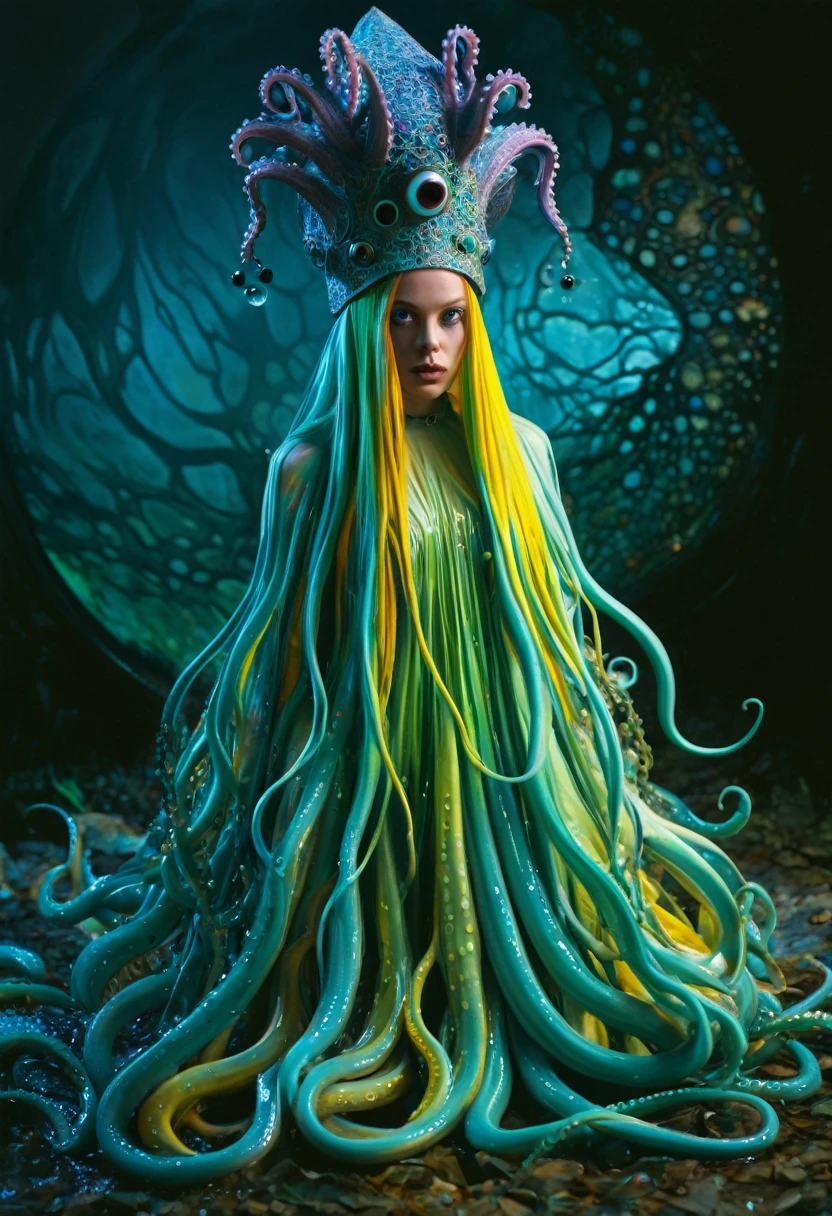 8K, ARTISTIC photogrAphy, best quAlity, mAsterpiece: 1.2), A (potrAit:1.2) witch BLOOD Toon Doll Cthulhu nun QUEEN, EYES, CYAN many octopus style tentacles, full body RAW candid cinema, yellow hair, 16mm, color graded portra 400 film, remarkable color, ultra realistic, sad admosphere, dark lighting, oppressive atmosphere, depressive colors, kodak portra 400, photograph,r, Natural Light, Pinhead lighgts, blur reflection, Brush Strokes, Smooth, abstract, Splatter, Oil On Canvas, rainbow colors, fractal isometrics details bioluminescens : a stunning realistic photograph of wet bone structure, 3d render, octane render, intricately detailed, titanium decorative headdress, cinematic, trending on artstation | Isometric | Centered