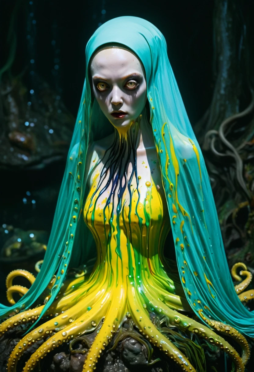 8K, ARTISTIC photogrAphy, best quAlity, mAsterpiece: 1.2), A (potrAit:1.2) witch BLOOD Toon Doll Cthulhu nun QUEEN, EYES, CYAN many octopus style tentacles, full body RAW candid cinema, yellow hair, 16mm, color graded portra 400 film, remarkable color, ultra realistic, sad admosphere, dark lighting, oppressive atmosphere, depressive colors, kodak portra 400, photograph,r, Natural Light, Pinhead lighgts, blur reflection, Brush Strokes, Smooth, abstract, Splatter, Oil On Canvas, rainbow colors, fractal isometrics details bioluminescens : a stunning realistic photograph of wet bone structure, 3d render, octane render, intricately detailed, titanium decorative headdress, cinematic, trending on artstation | Isometric | Centered
