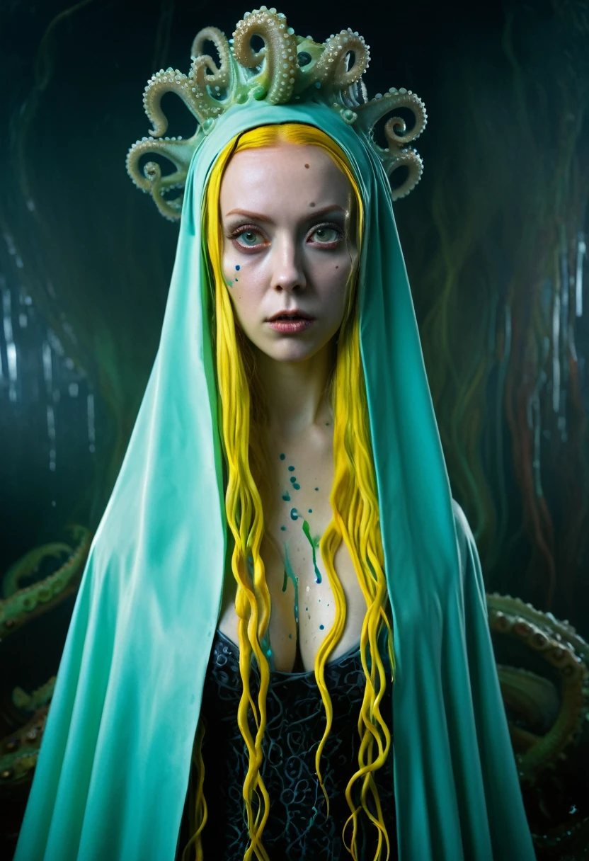 8K, ARTISTIC photogrAphy, best quAlity, mAsterpiece: 1.2), A (potrAit:1.2) witch BLOOD Toon Doll Cthulhu nun QUEEN, EYES, CYAN many octopus style tentacles, full body RAW candid cinema, yellow hair, 16mm, color graded portra 400 film, remarkable color, ultra realistic, sad admosphere, dark lighting, oppressive atmosphere, depressive colors, kodak portra 400, photograph,r, Natural Light, Pinhead lighgts, blur reflection, Brush Strokes, Smooth, abstract, Splatter, Oil On Canvas, rainbow colors, fractal isometrics details bioluminescens : a stunning realistic photograph of wet bone structure, 3d render, octane render, intricately detailed, titanium decorative headdress, cinematic, trending on artstation | Isometric | Centered