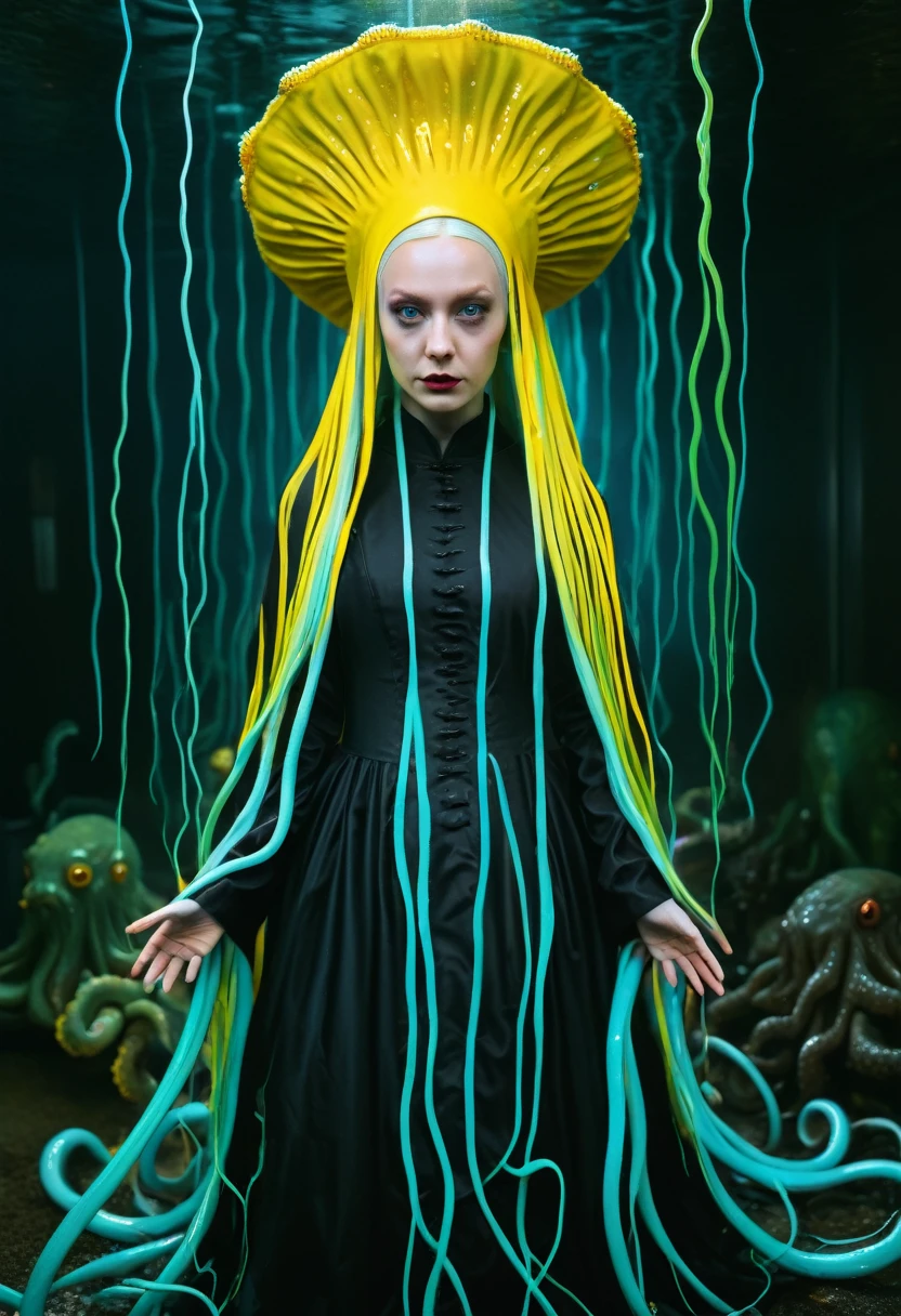 8K, ARTISTIC photogrAphy, best quAlity, mAsterpiece: 1.2), A (potrAit:1.2)  witch BLOOD Toon Doll Cthulhu nun QUEEN, EYES, CYAN many octopus style tentacles, full body RAW candid cinema, yellow hair, 16mm, color graded portra 400 film, remarkable color, ultra realistic, sad admosphere, dark lighting, oppressive atmosphere, depressive colors, kodak portra 400, photograph,r, Natural Light, Pinhead lighgts, blur reflection, Brush Strokes, Smooth, abstract, Splatter, Oil On Canvas, rainbow colors, fractal isometrics details bioluminescens : a stunning realistic photograph of wet bone structure, 3d render, octane render, intricately detailed, titanium decorative headdress, cinematic, trending on artstation | Isometric | Centered