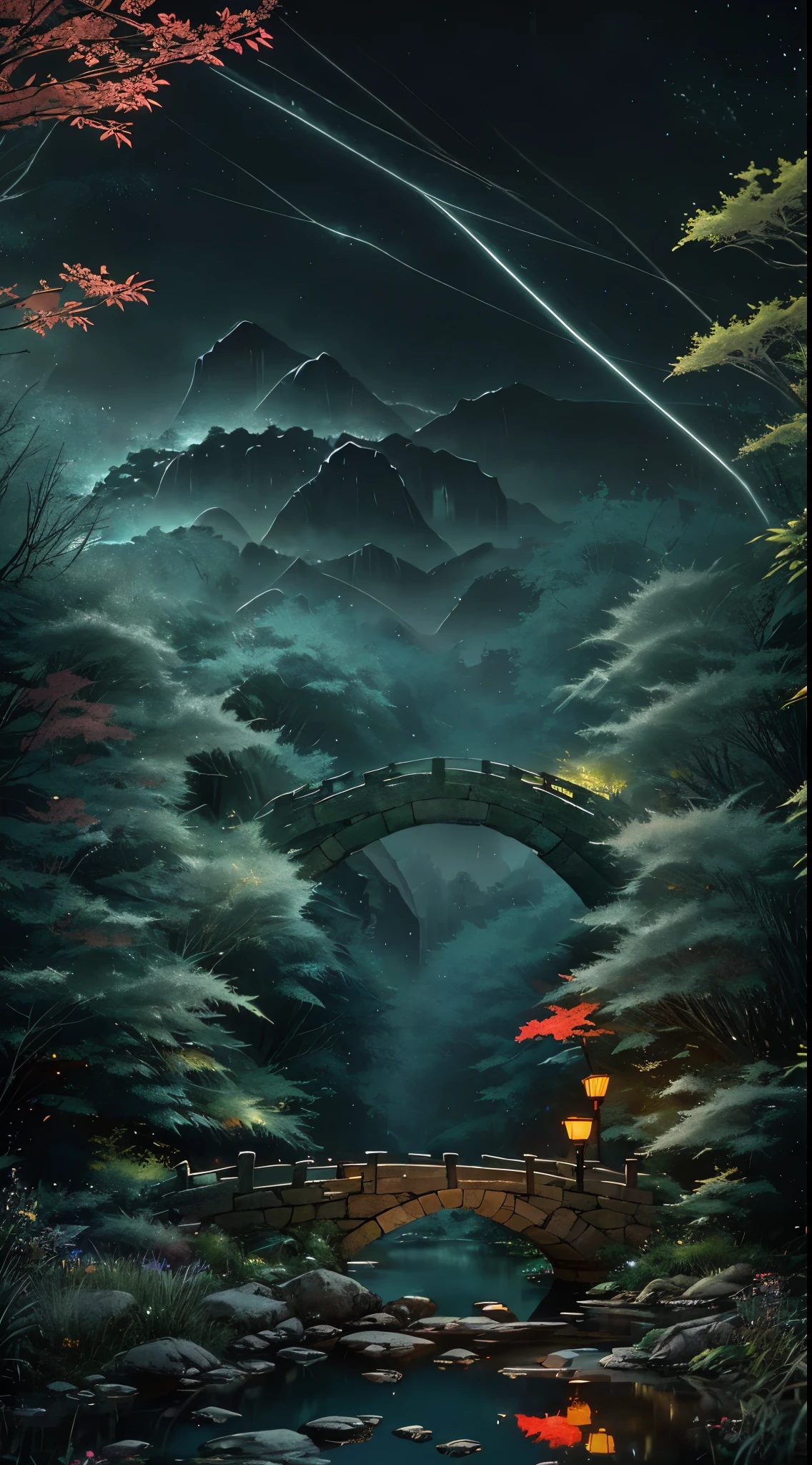 ((Diffuse Color)) Ancient Chinese architecture, Cool colors, Dark Night, moon, garden, bamboo, lake, stone bridge, rockery, arch, corner, wood, water flowing, landscape, Outdoor, waterfall, Grass, rock, Heavy Rain, thunderstorm, 周囲にはブドウのwoodが生い茂っている, giant and wet woods, with glowing leaves in the woods, Glowing fireflies and glowing particle effect, masterpiece, 最high quality, high quality, Very detailed CG unity 8k wallpaper, oil, Award-winning photography, Bokeh, Depth of written boundary, High resolution, bloom, ,Realistic,Very detailed, Trending on Artstation, Trending on CGSociety, Complex, Attention to detail, dramatic, art:Mid Journey, Volumetric lighting