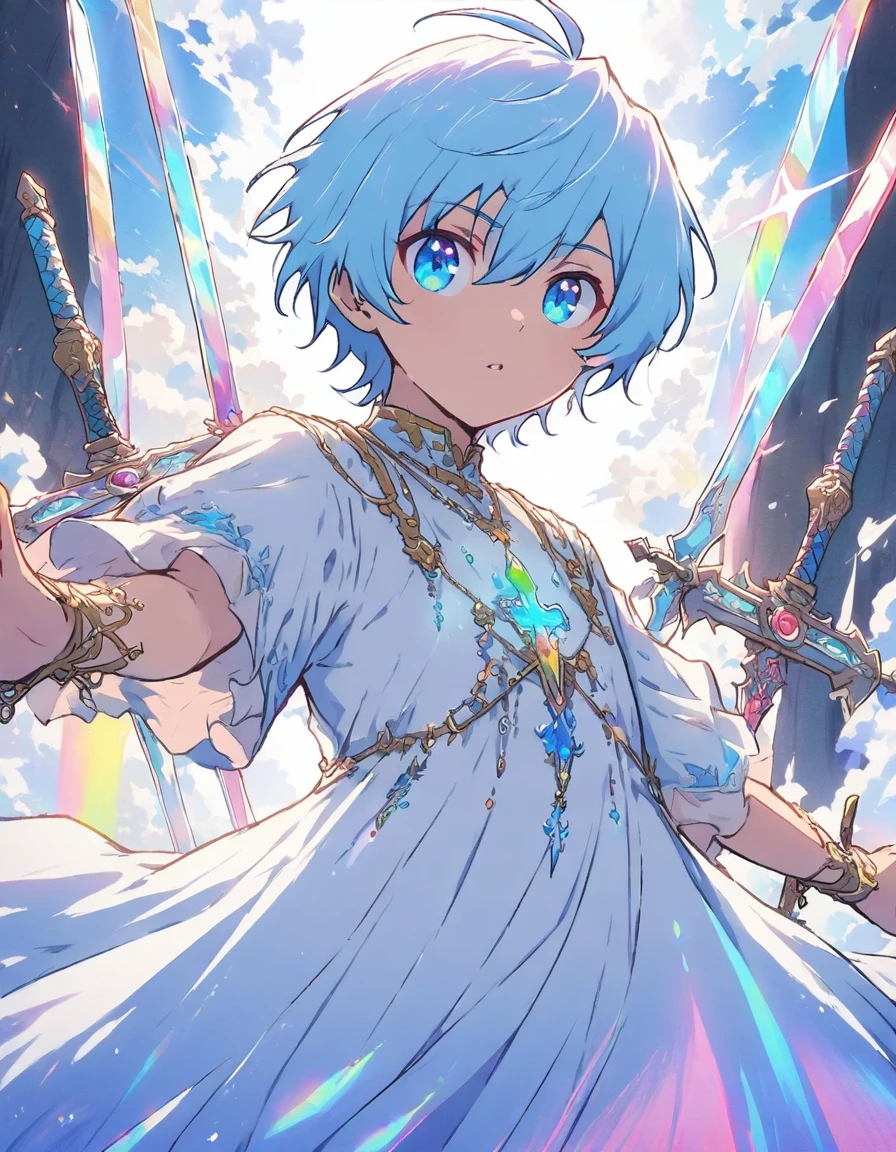 (1 young man:1.4、Brave)、(Handsome)、Fantasy、(White and light blue dress:1.5)、(twin sword:1.4)、(highest quality、masterpiece、High resolution、detailed)、animeスタイル、Flat Style、(eyes shining iridescent colors illuminated light,、detailed美しい顔), BREAK,extremely detailed、Slashing Effects、cool、Dynamic Angle、anime