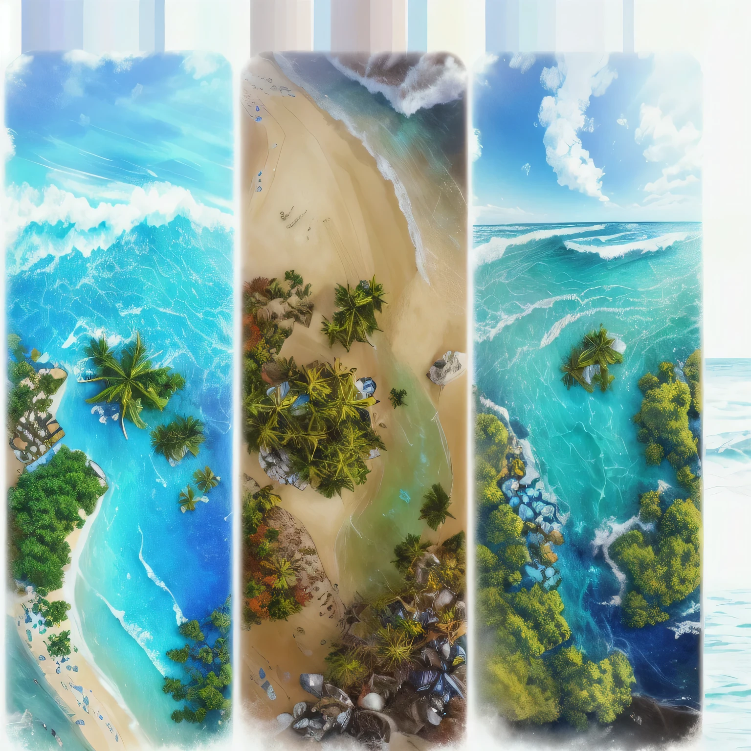 Three different beach photos，Lots of water and sky on the beach, Landscape Art Detail, Landscape Artwork, very Detailed background, Island Background, Amazing wallpapers, background technologywork, Beautiful background, environmental concept art, Concept art is very detailed, High quality desktop wallpaper, Steam Workshop Map, background technology, Environmental key art, Detailed background, Amazing background, High quality wallpapers