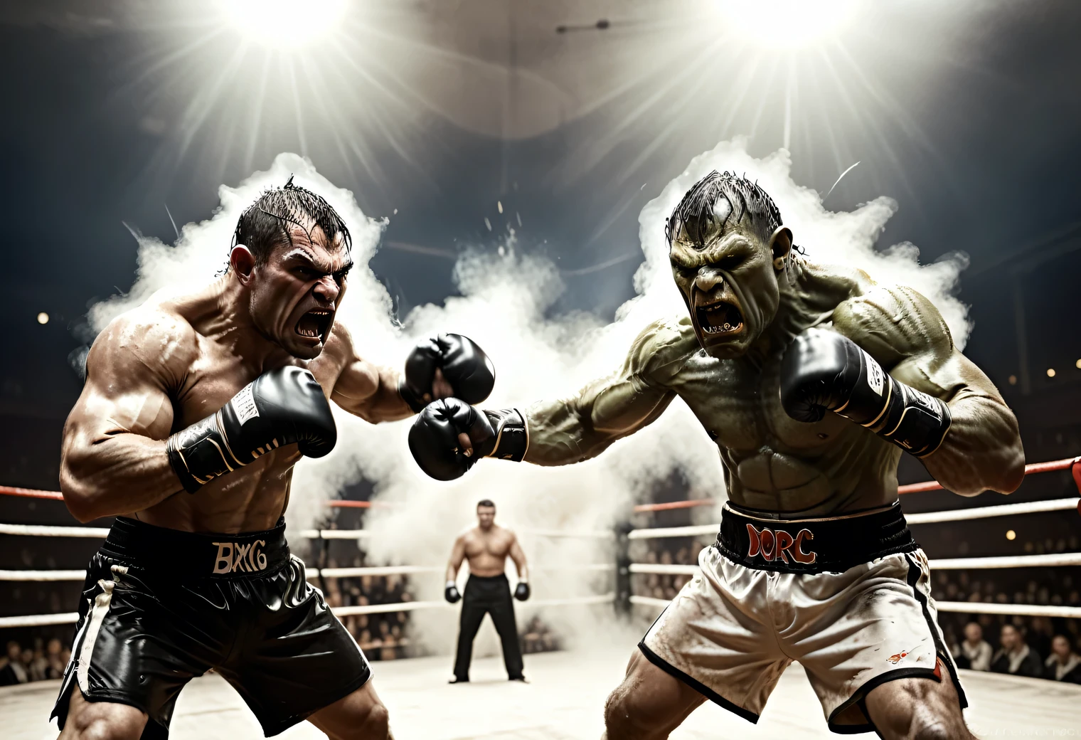 Boxing Match, 1 man and 1 big Orc in the ring wearing boxing gloves, emotions of anger, sweat, tension, active scene of striking an opponent, athletic physique, movement effect, blurred background from movement, high definition, real, detailed, Movie Still, Film Still, Cinematic