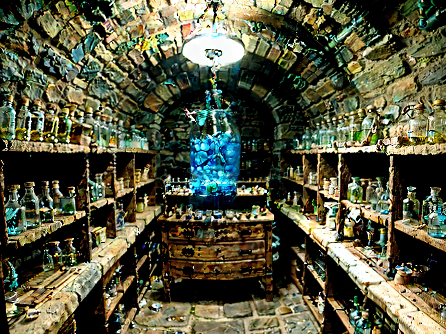 High ceilings,Stone cellar,Medieval Europe,alchemy,Research Room,Laboratory,Laboratory Tools,Filled with blue liquid